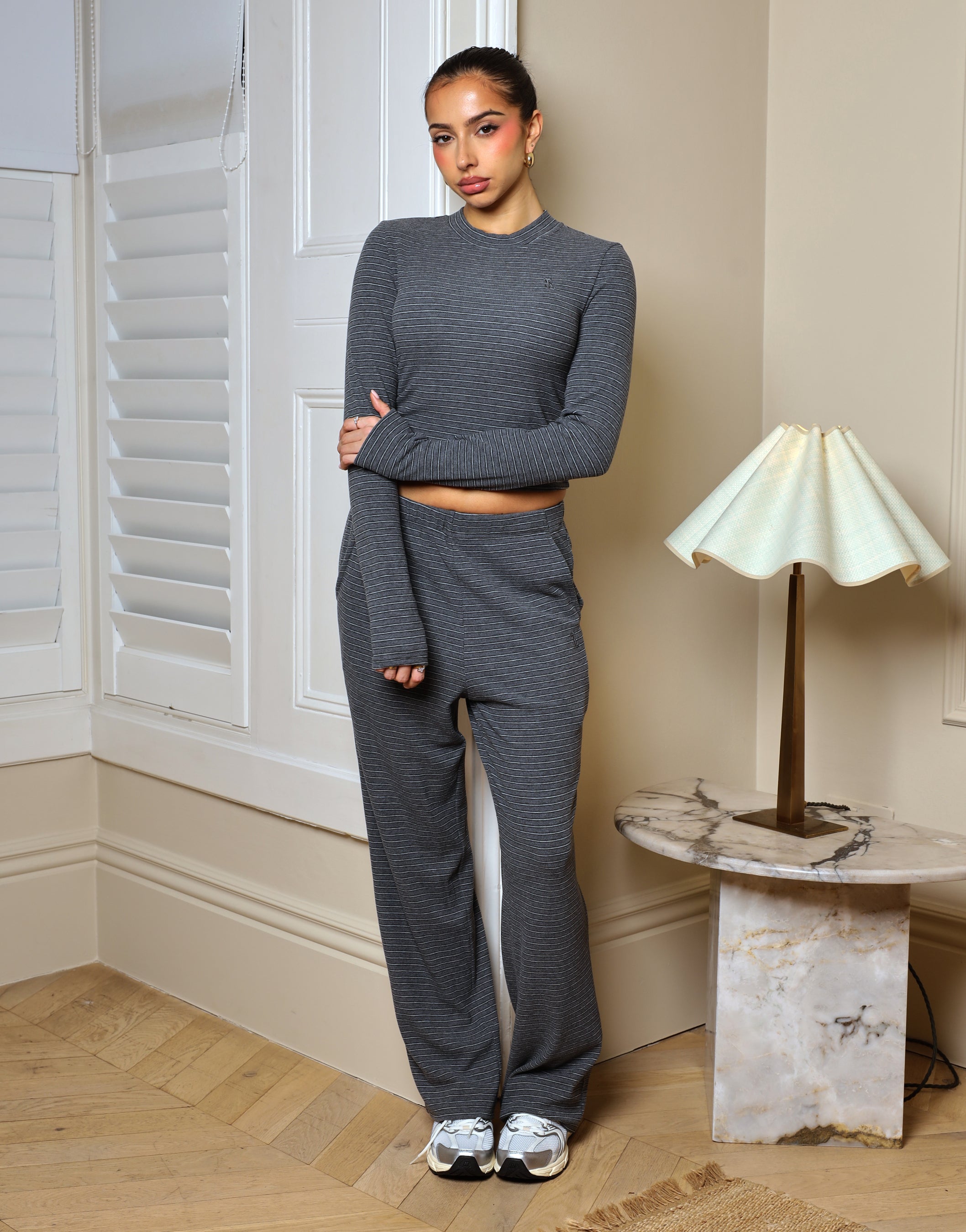 Mila Simmi Studios Soft Stripe Fine Ribbed Trouser In Dark Grey