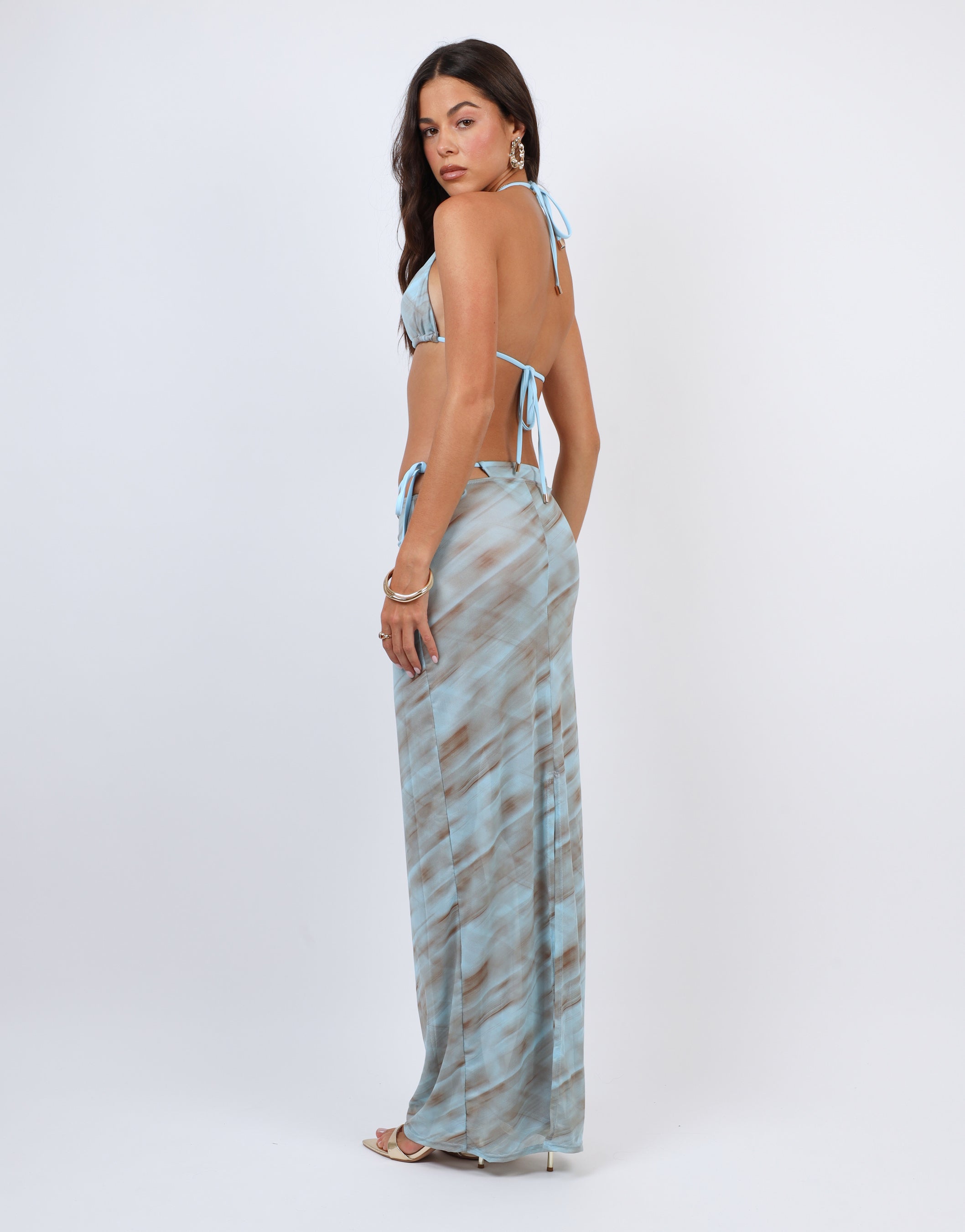 Nalu Abstract Print Mesh Beach Maxi Skirt In Blue