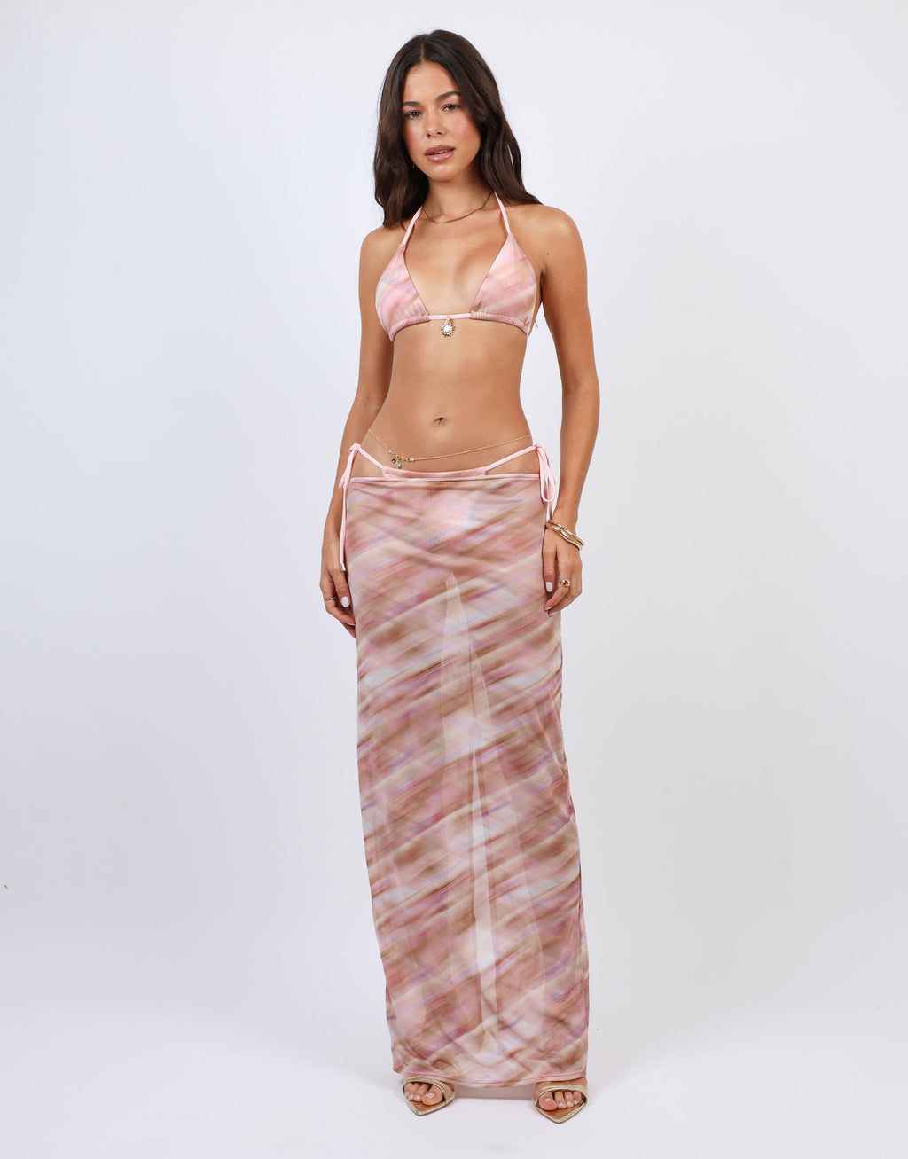 Nalu Abstract Print Mesh Beach Maxi Skirt In Pink