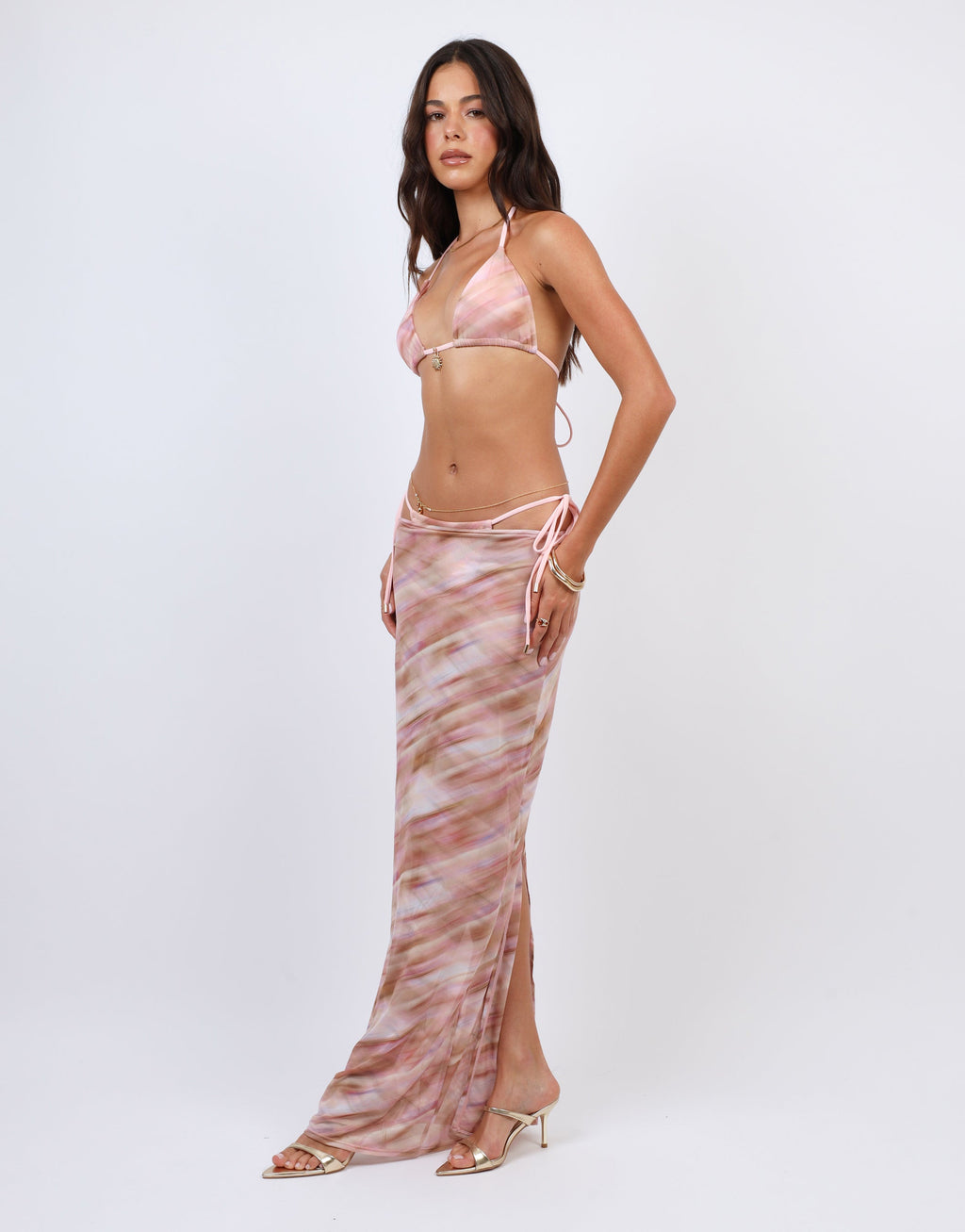 Nalu Abstract Print Mesh Beach Maxi Skirt In Pink