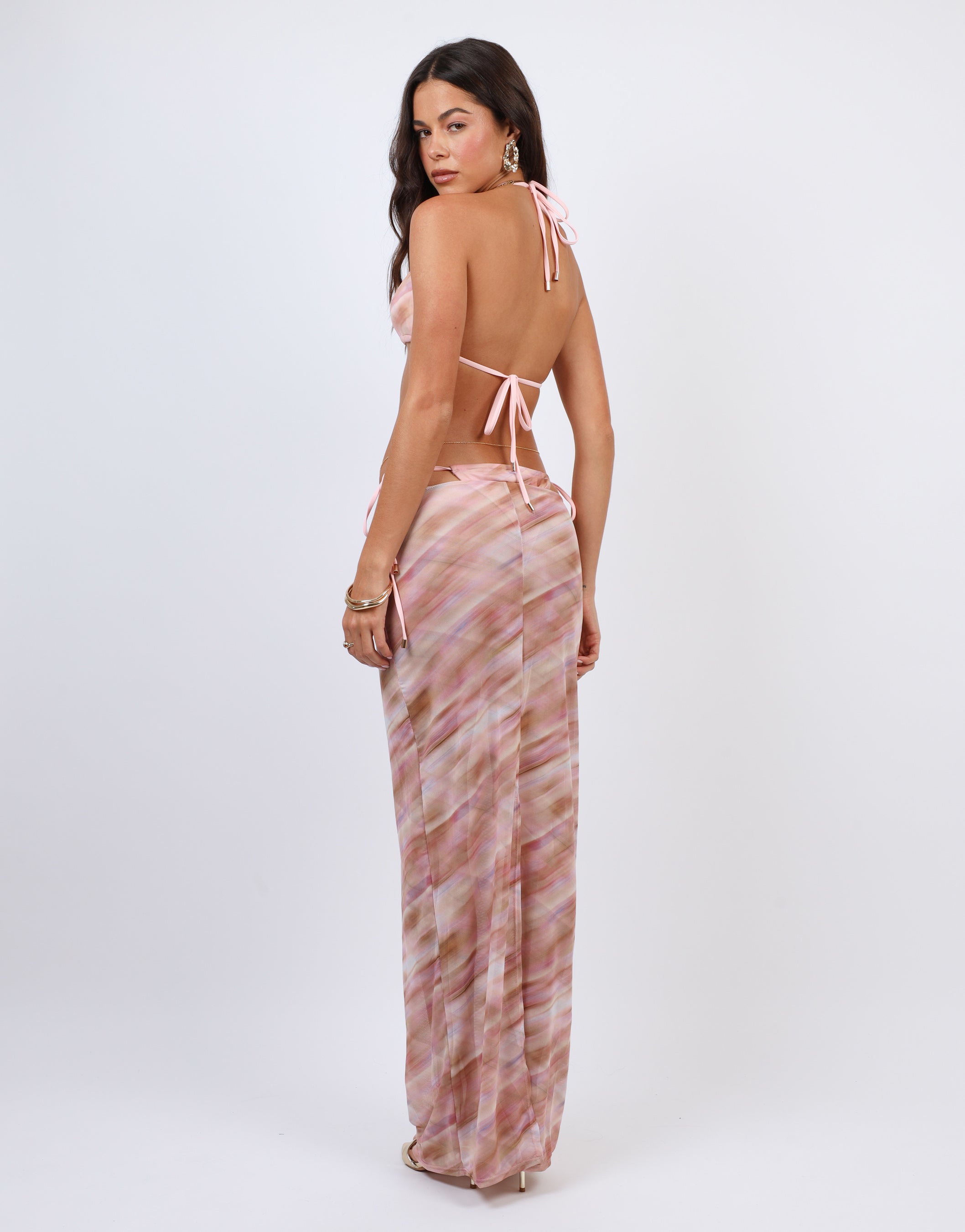 Nalu Abstract Print Mesh Beach Maxi Skirt In Pink