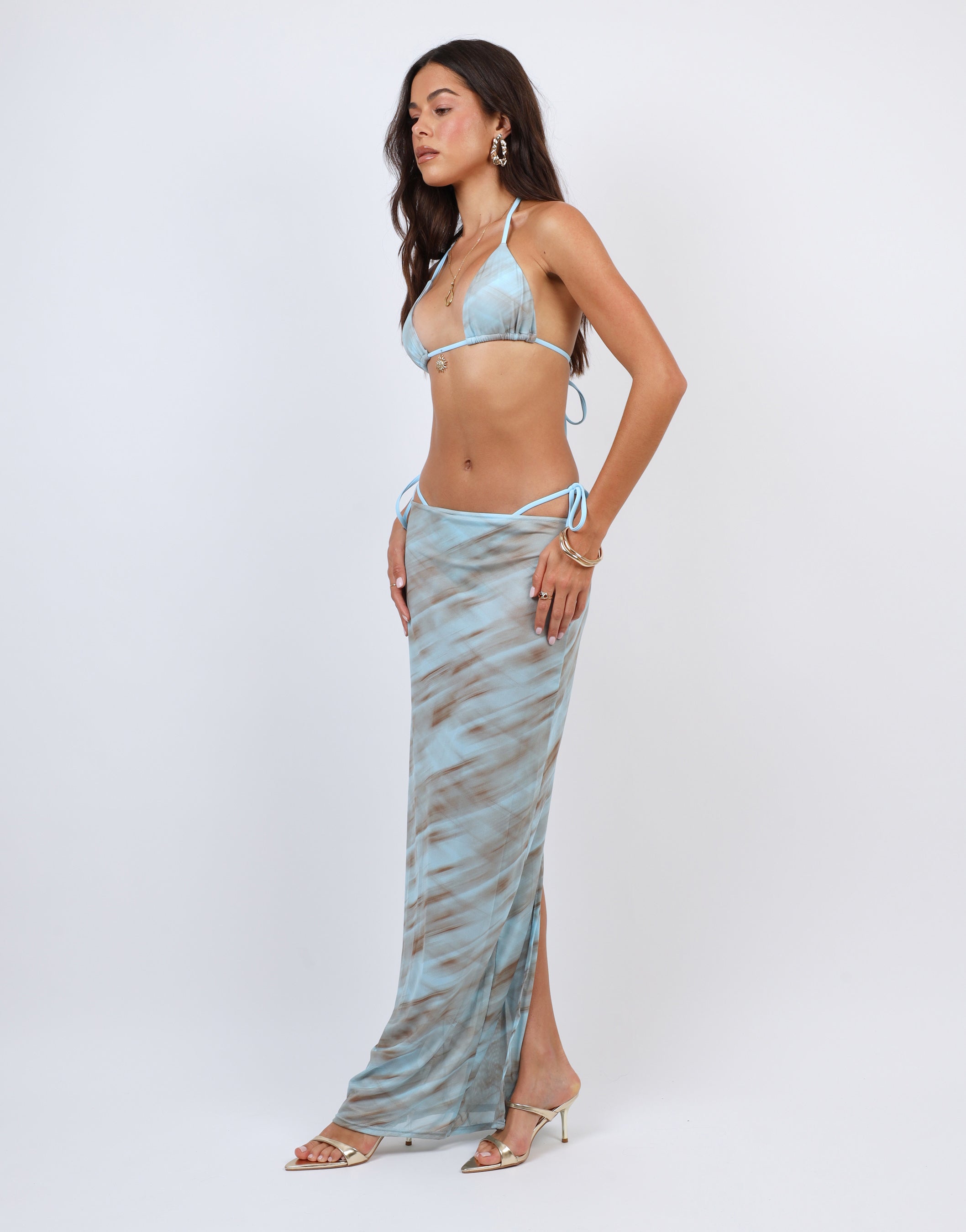 Nalu Abstract Print Mesh Beach Maxi Skirt In Blue