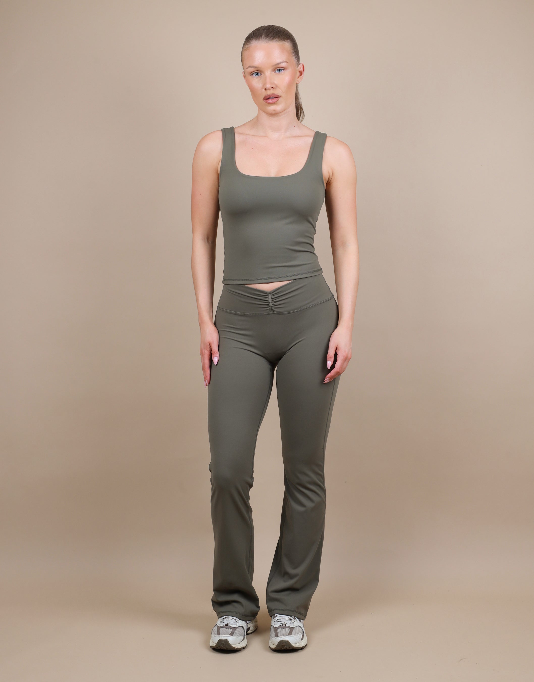 Cleo Ruched Front Flared Leggings In Olive