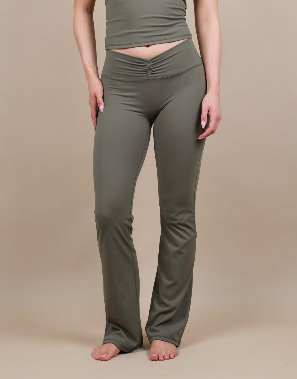 Cleo Ruched Front Flared Leggings In Olive