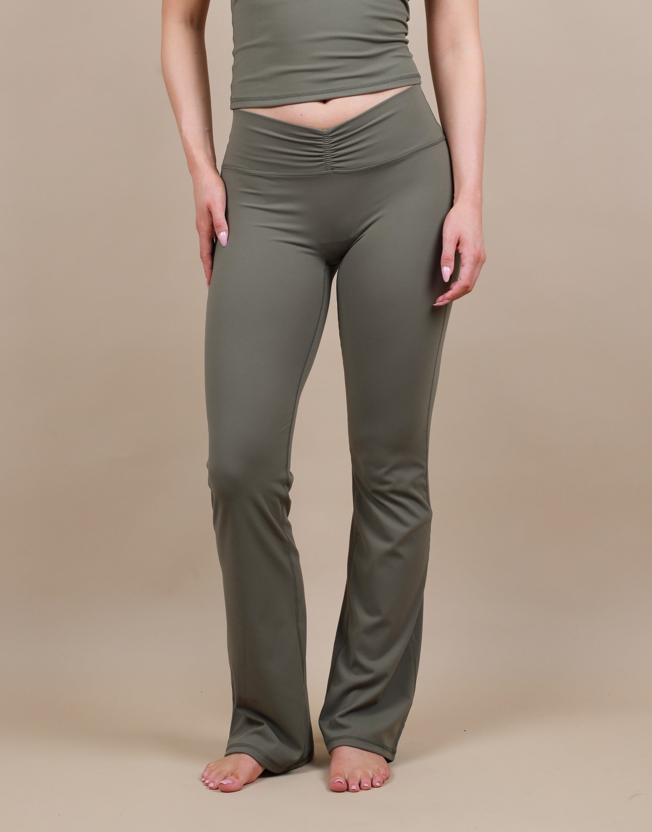 Cleo Ruched Front Flared Leggings In Olive