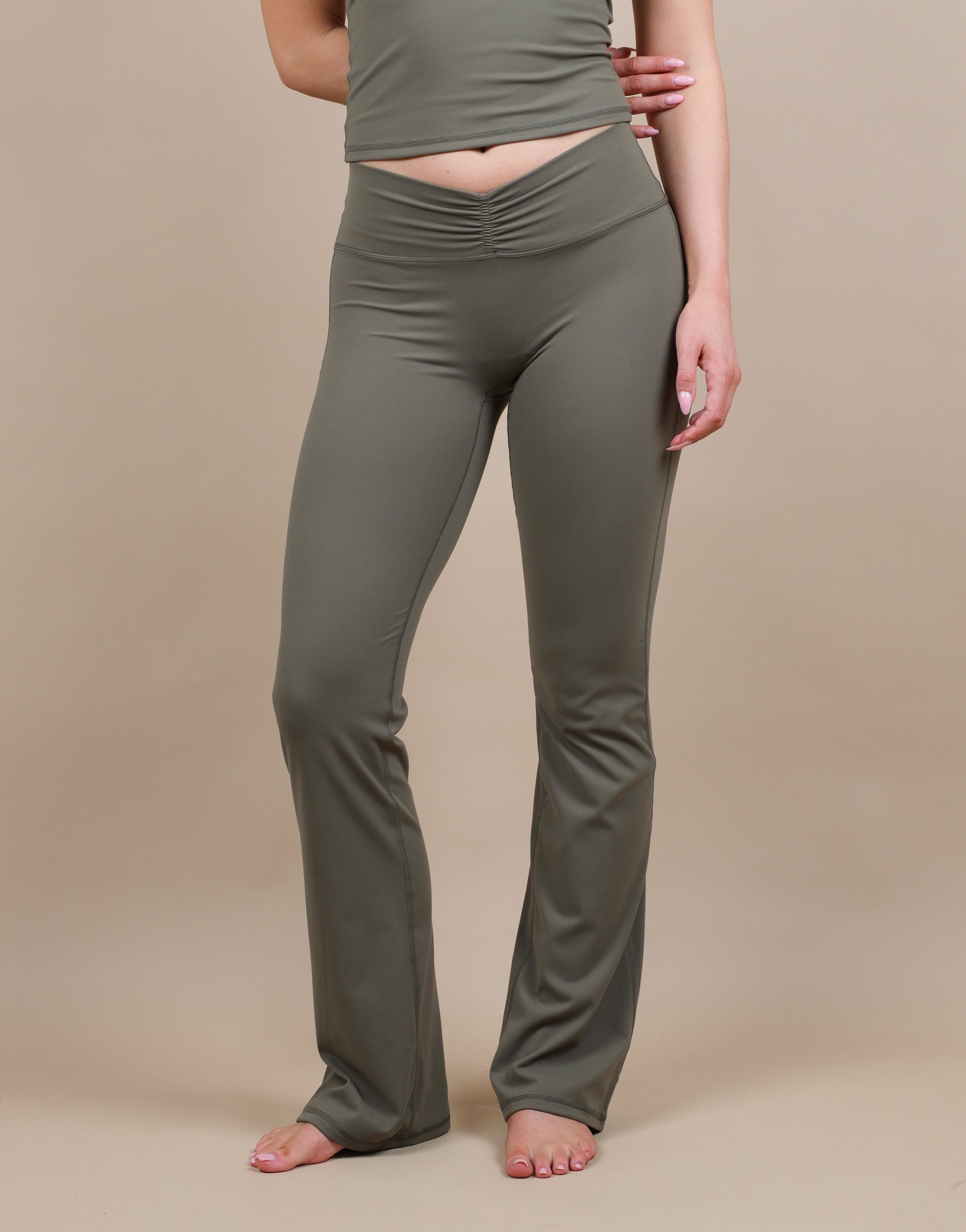 Cleo Ruched Front Flared Leggings In Olive