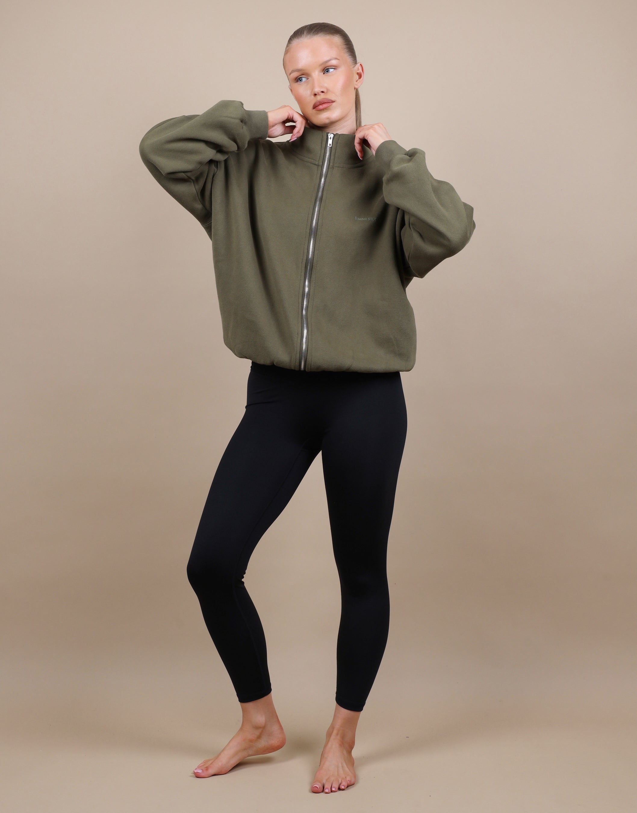 Bronte Simmi Studios Zip Through Funnel Neck Sweatshirt In Olive