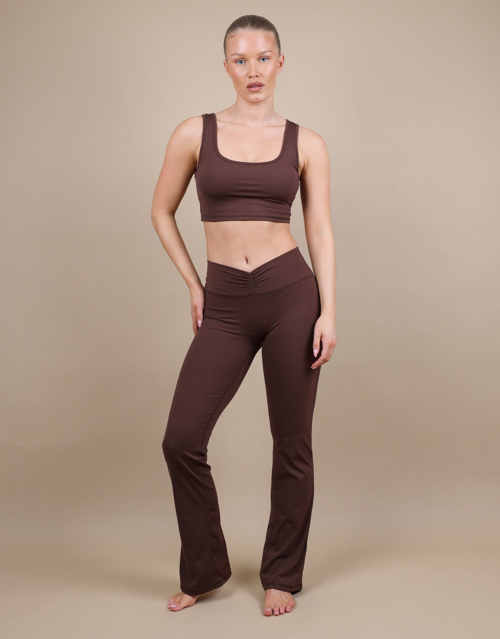 Cleo Ruched Front Flared Leggings In Brown