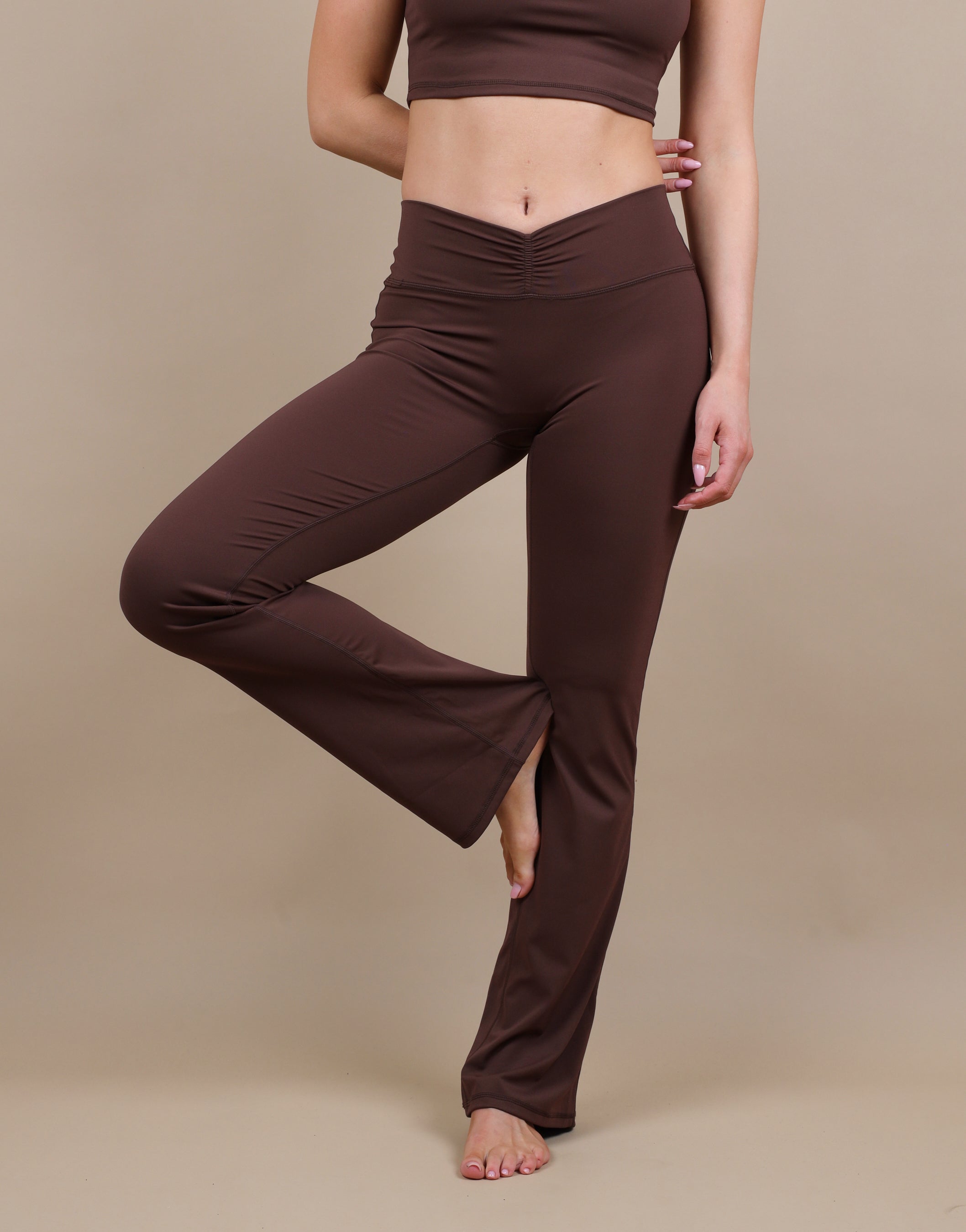 Cleo Ruched Front Flared Leggings In Brown
