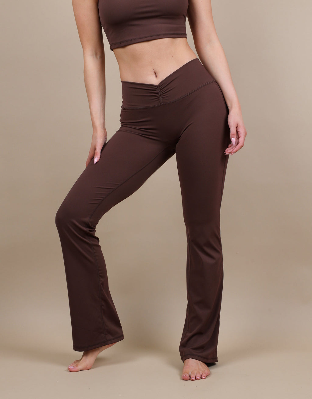 Cleo Ruched Front Flared Leggings In Brown