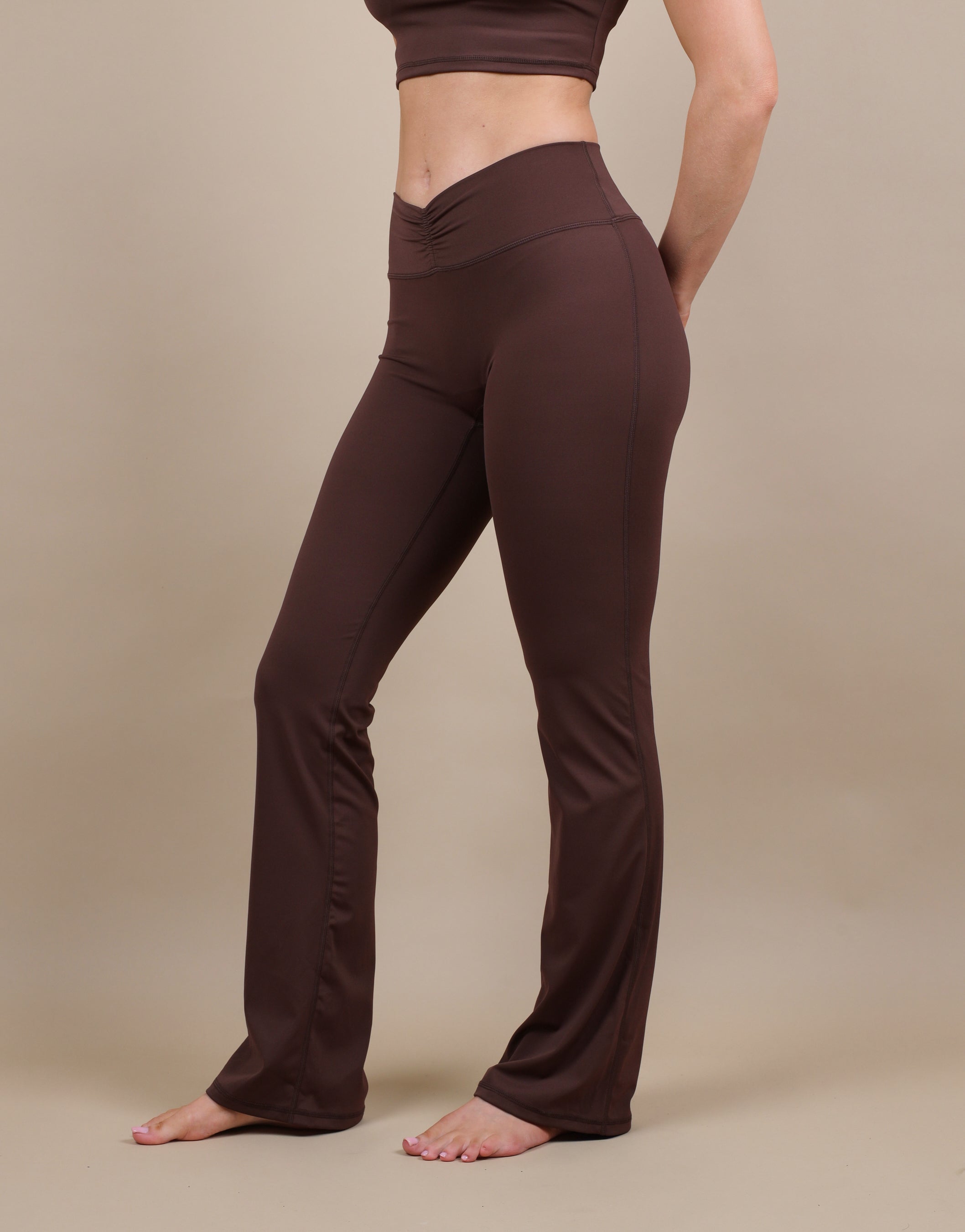 Cleo Ruched Front Flared Leggings In Brown