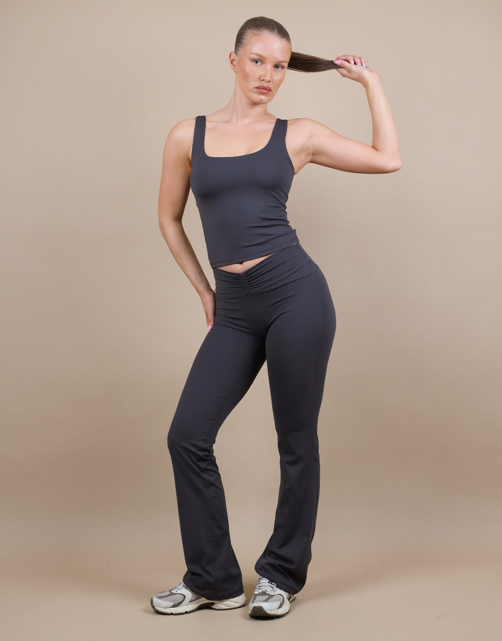 Cleo Ruched Front Flared Leggings In Slate