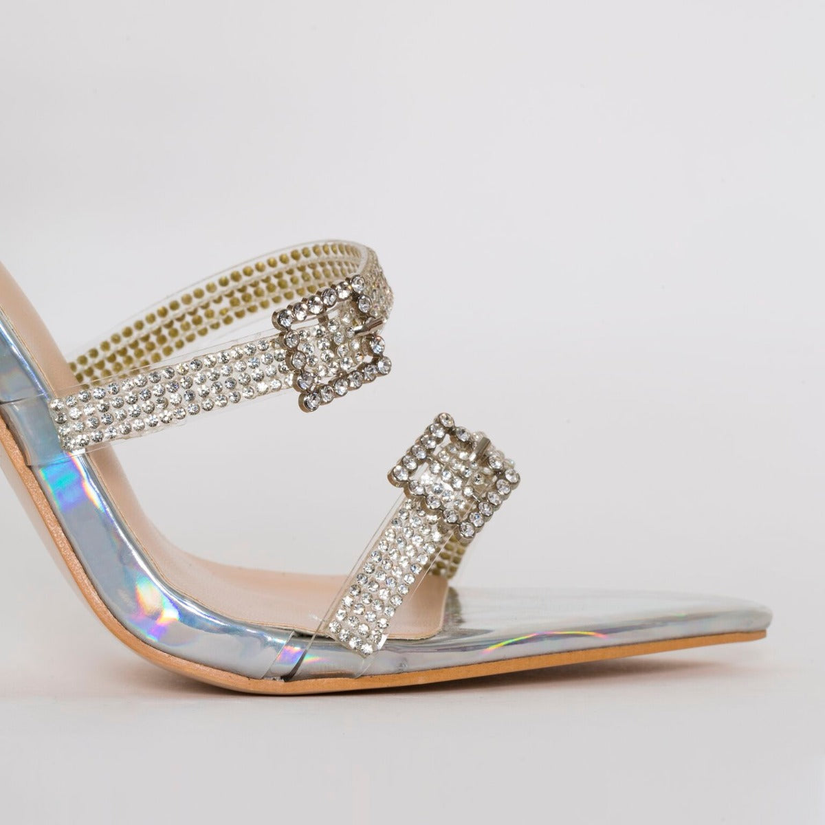 Ophelia Silver Iridescent Diamante Buckle Strappy Heels