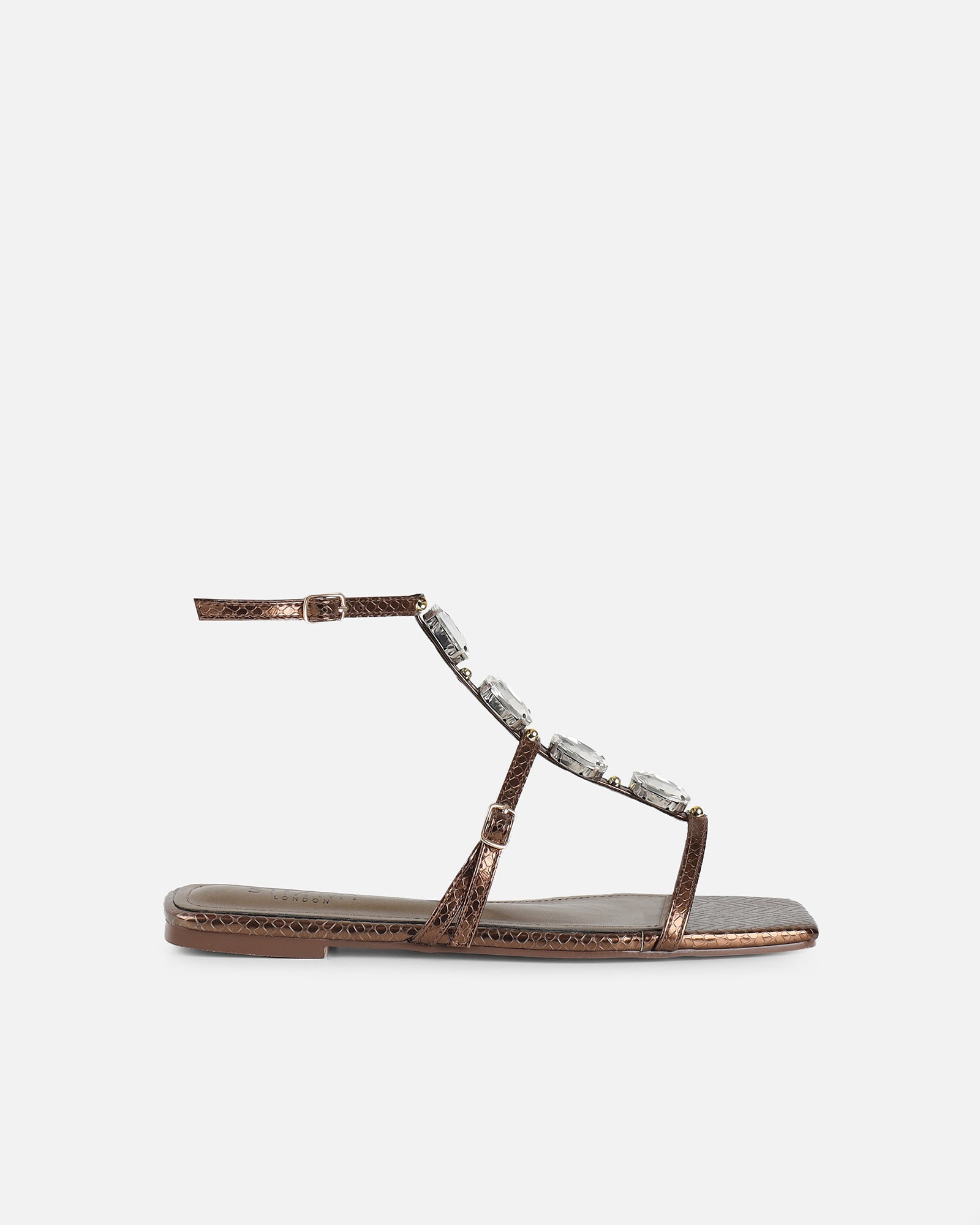 Azura Bronze Snake Embellished Flat Sandals
