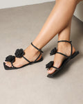 Johanna Black Hesian Flower Detail Flat Sandals