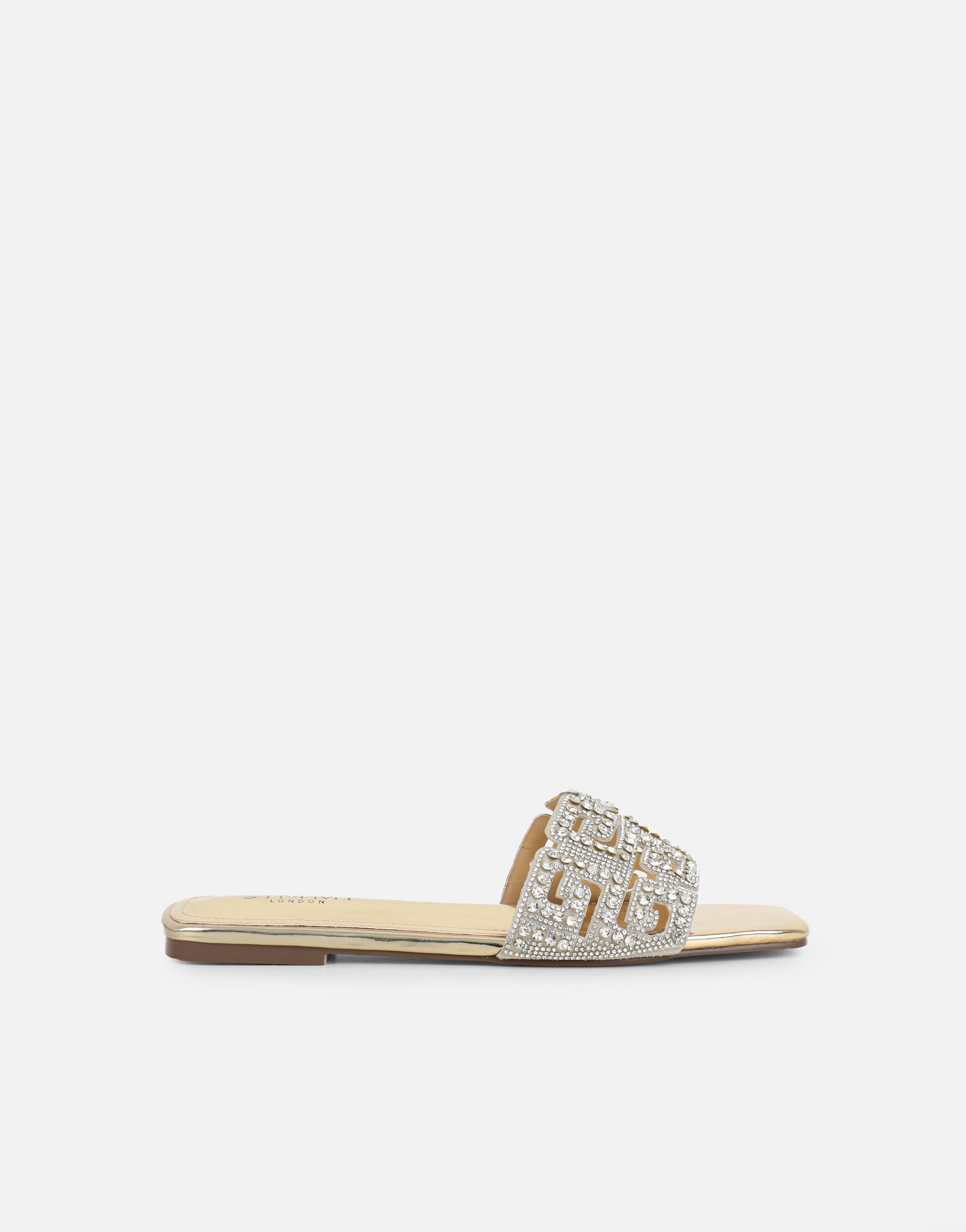 Rania Gold Mirror Diamante Patterned Flat Sandals