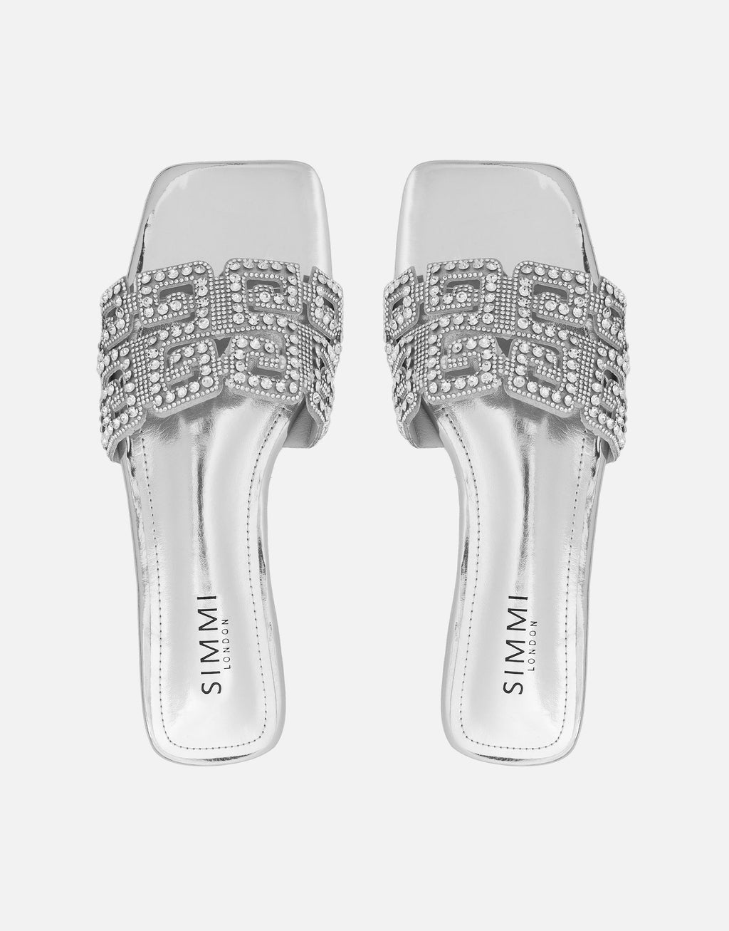 Rania Silver Mirror Diamante Patterned Flats Sandals