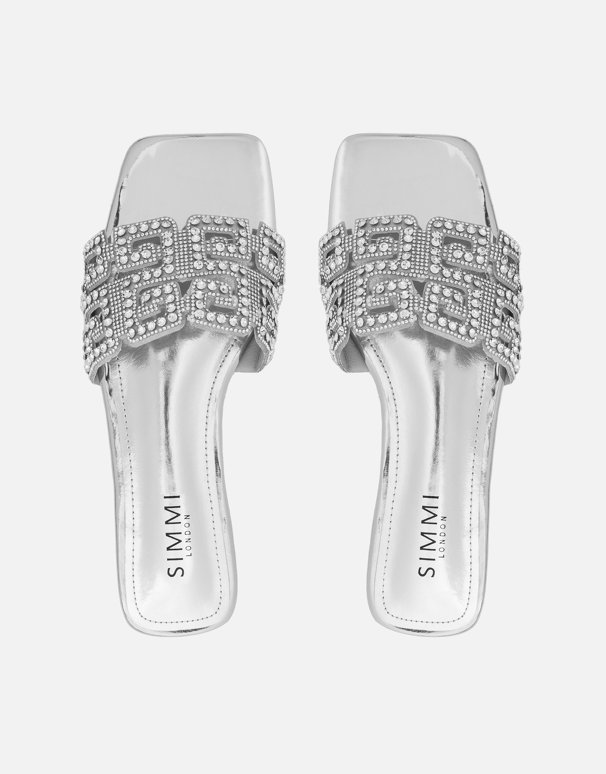 Rania Silver Mirror Diamante Patterned Flats Sandals