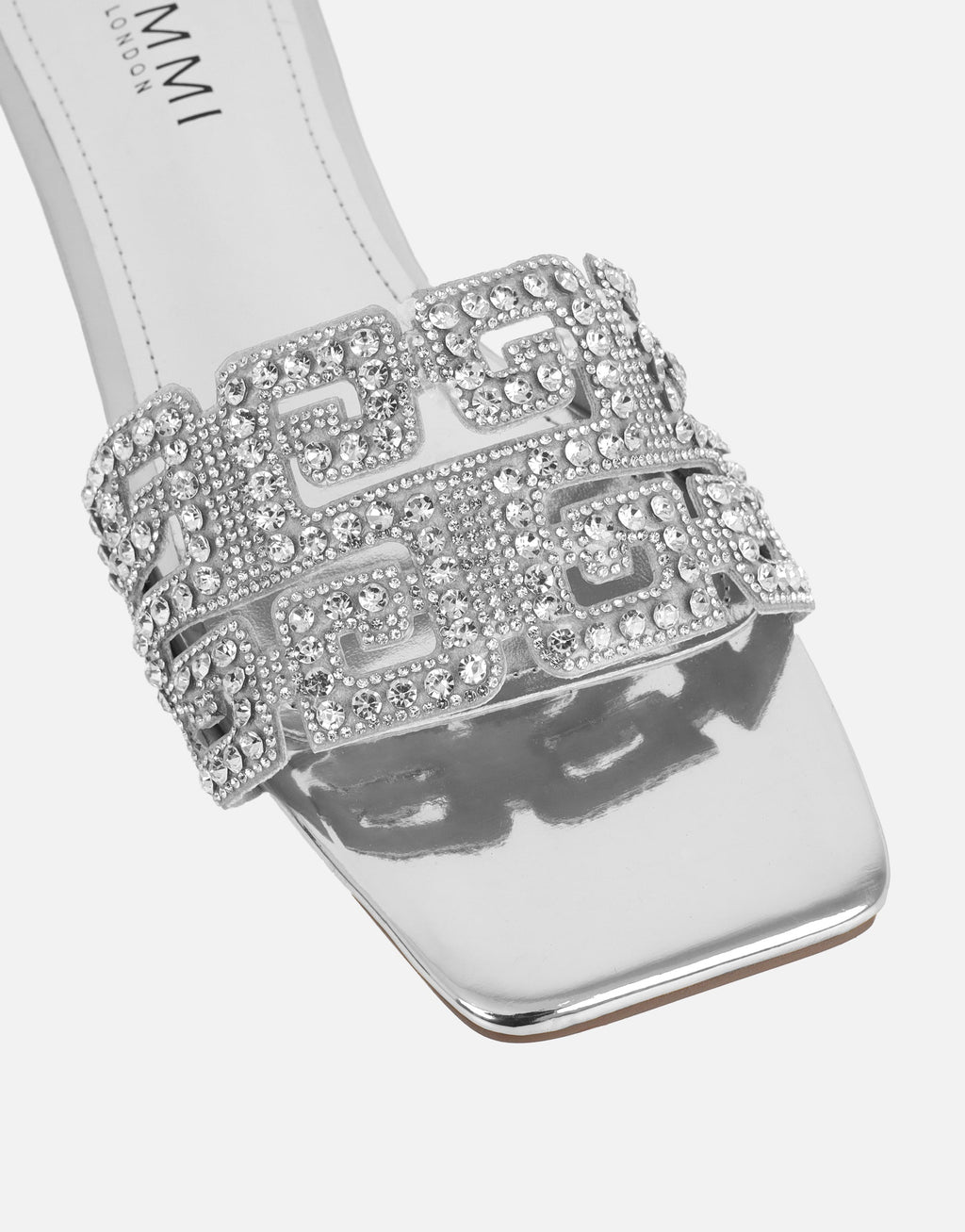 Rania Silver Mirror Diamante Patterned Flats Sandals