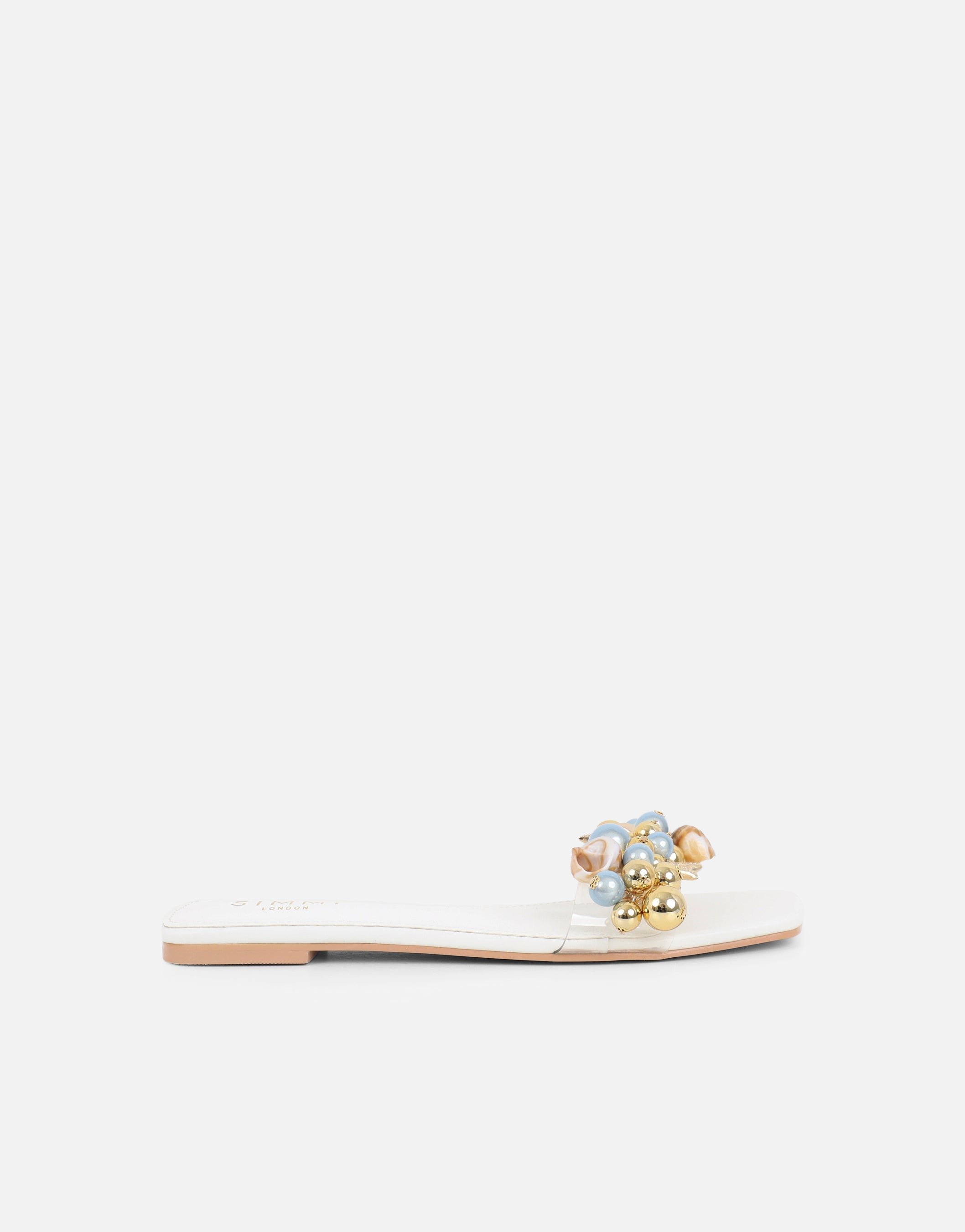 Monika White Bead Detail Flat Sandals