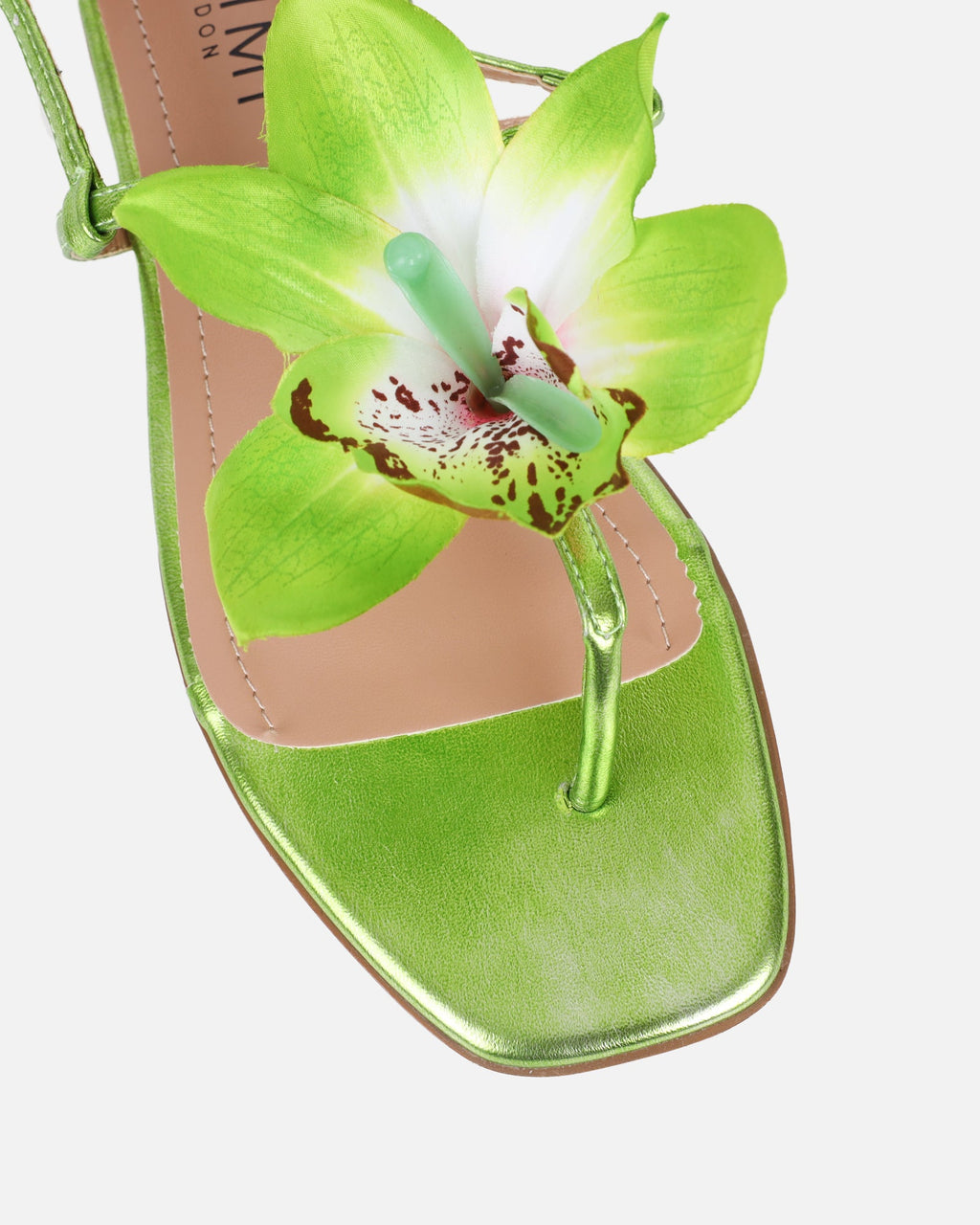 Aoife Green Metallic Flower Detail Sandals