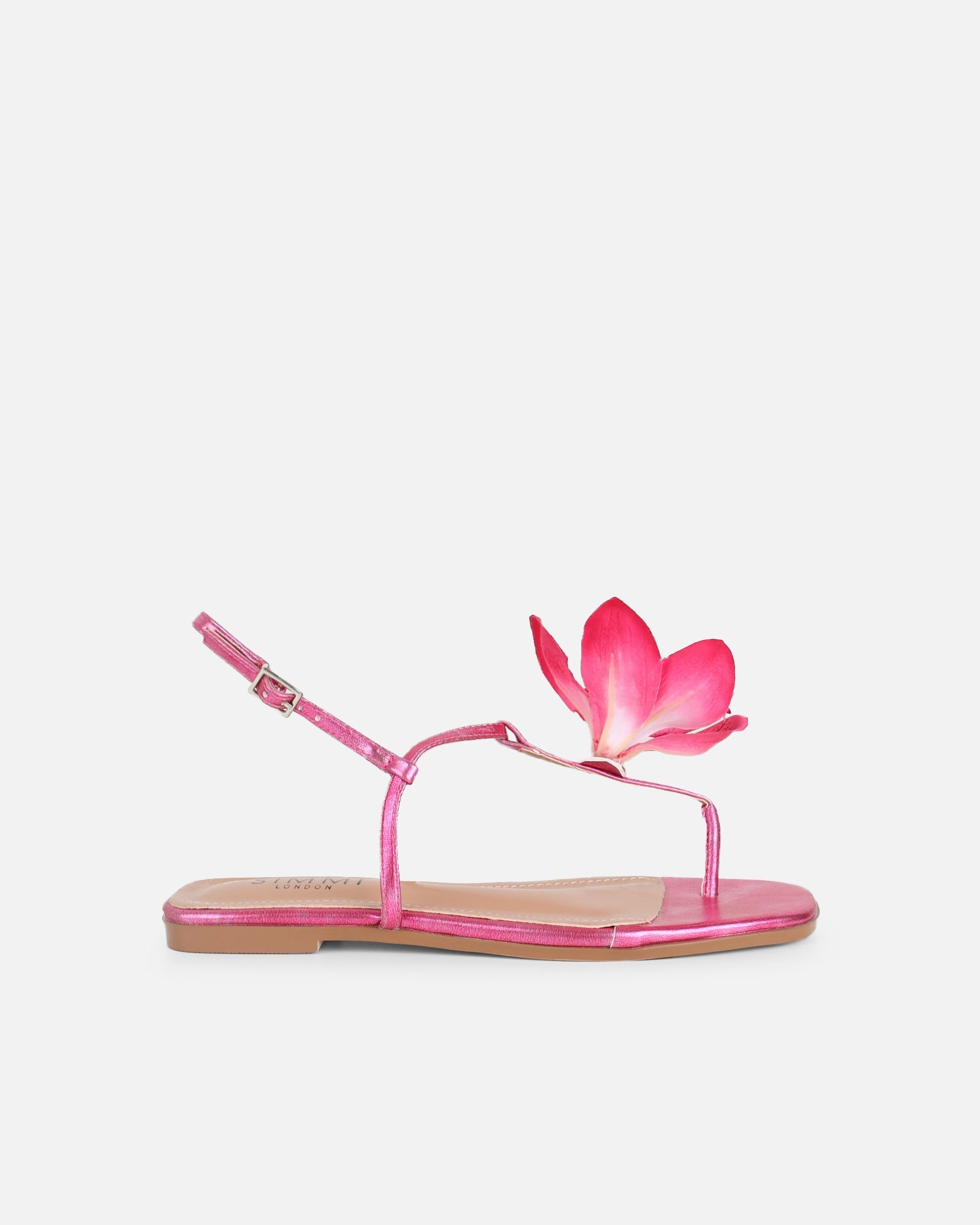 Aoife Pink Metallic Flower Detail Flat Sandals