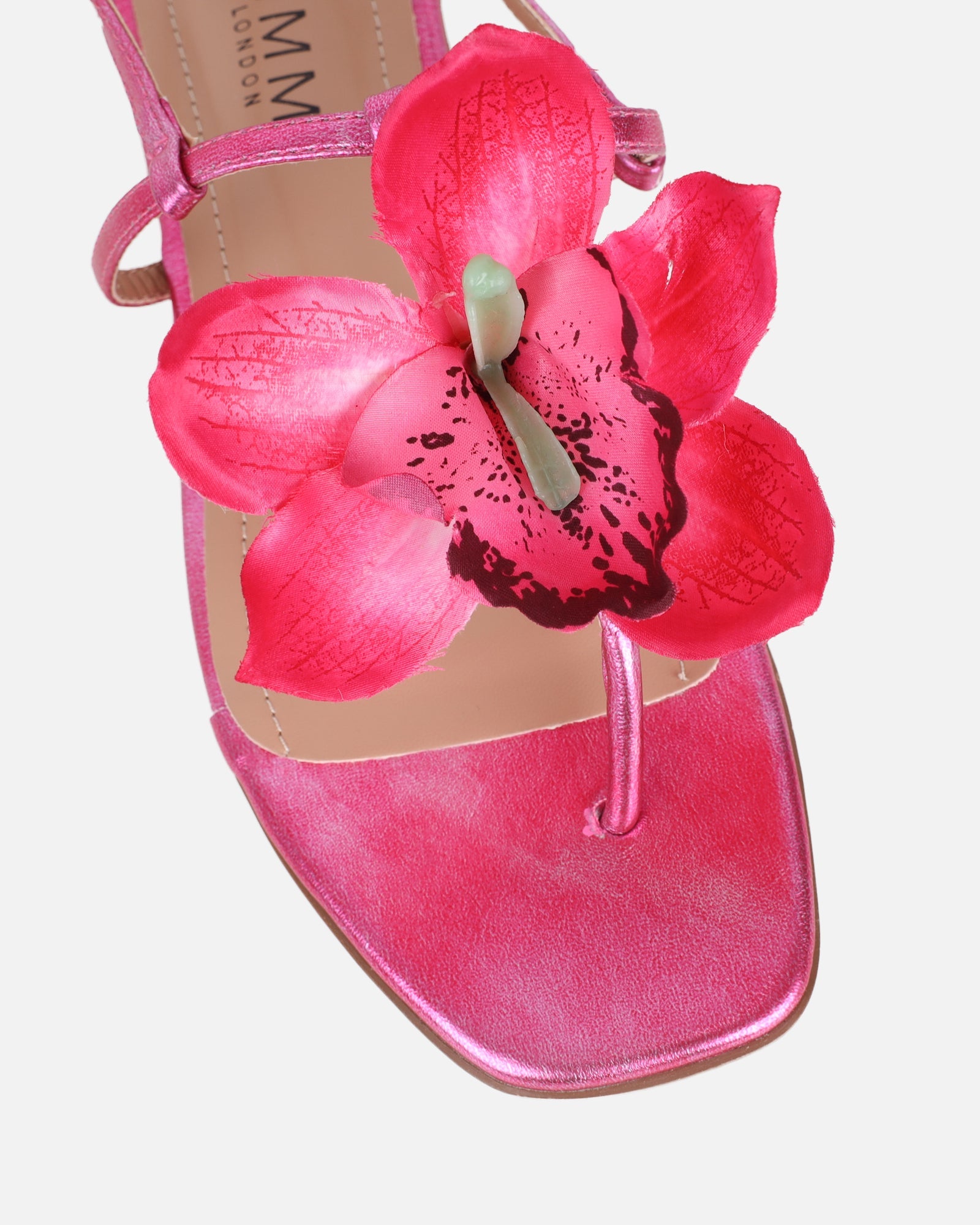 Aoife Pink Metallic Flower Detail Flat Sandals