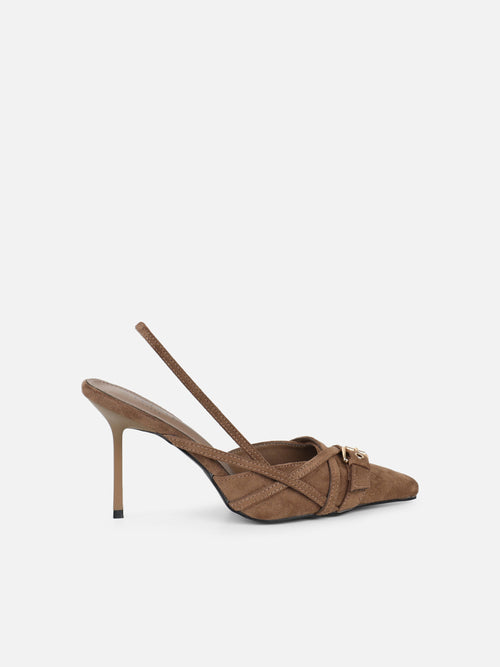Stallone Dark Beige Suede Buckle Detail Slingback Court Shoes