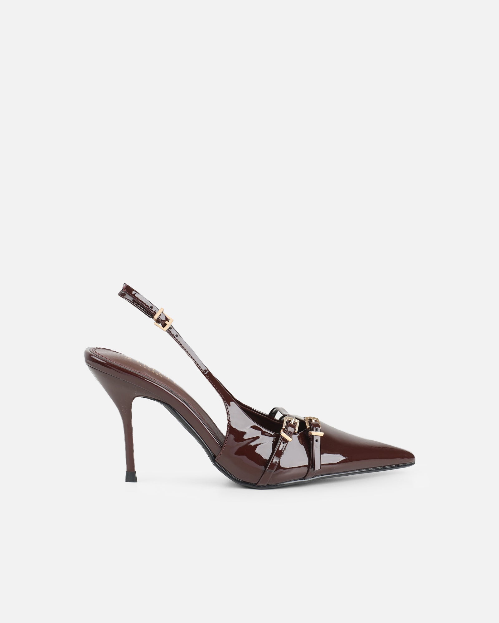 Marika Chocolate Patent Buckle Detail Slingback Courts