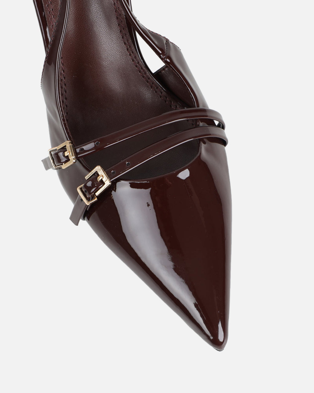 Marika Chocolate Patent Buckle Detail Slingback Courts