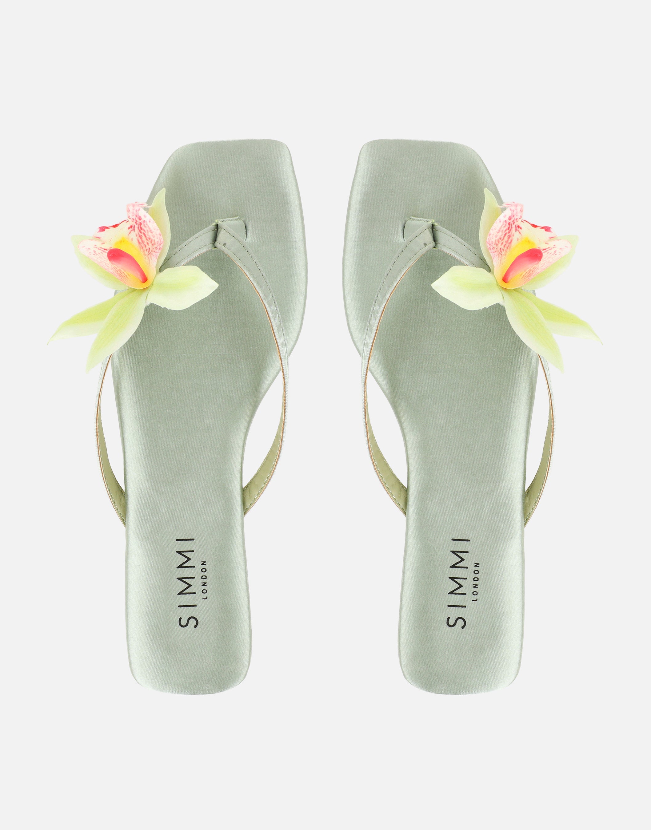 Hannah Green Satin Flower Detail Flat Sandals