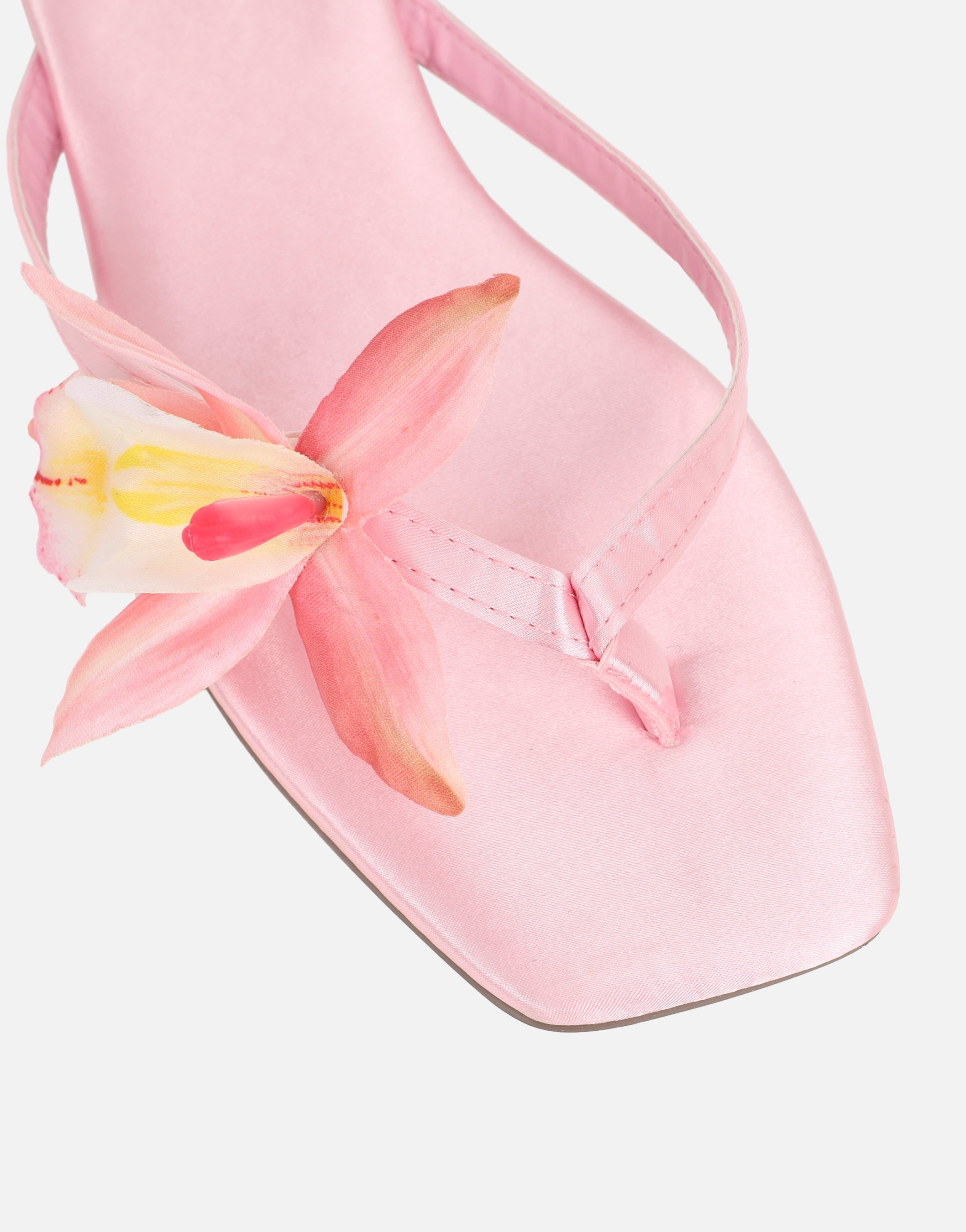 Hannah Pink Satin Flower Detail Flat Sandals