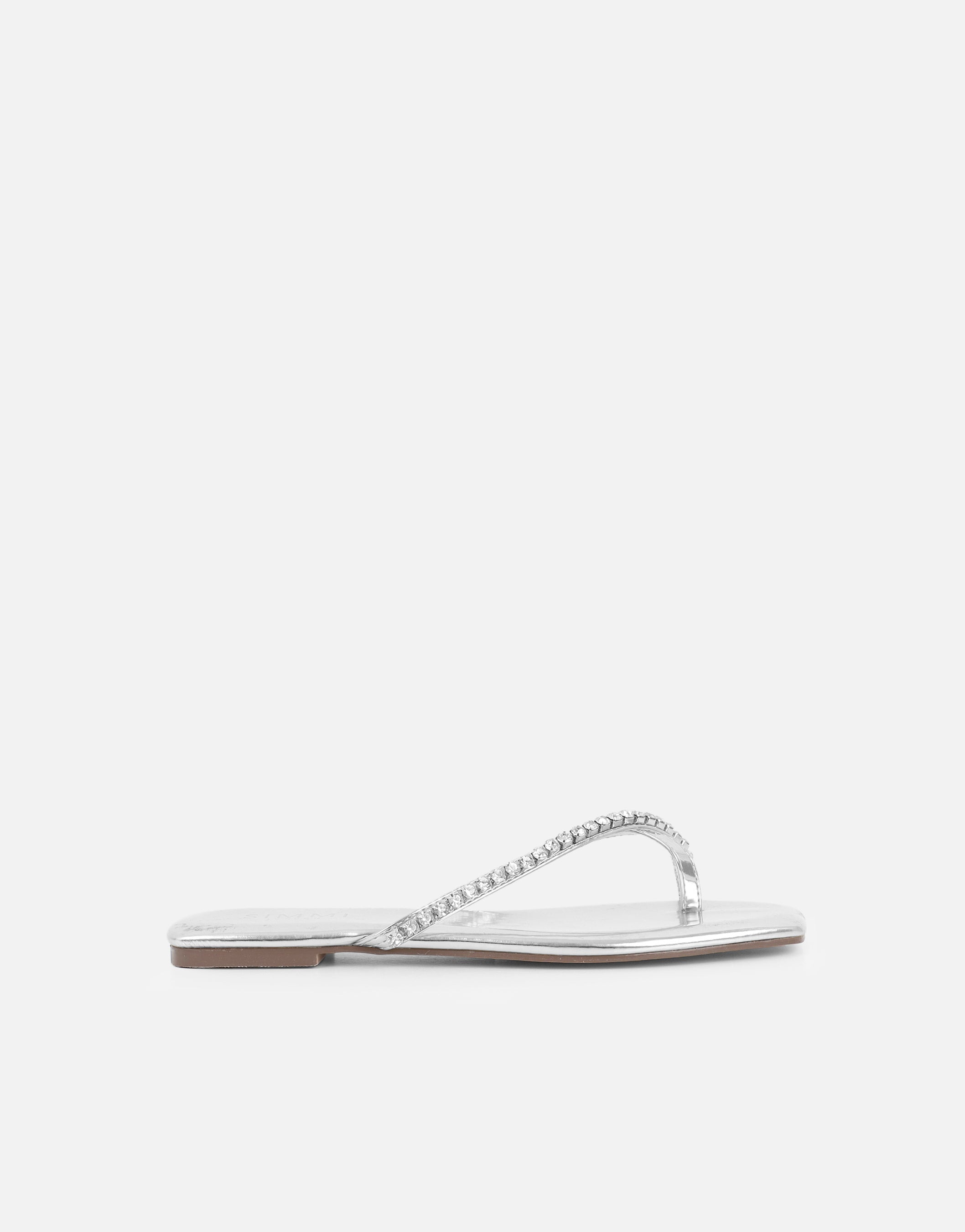 May Silver Mirror Toe Thong Diamante Flat Sandals