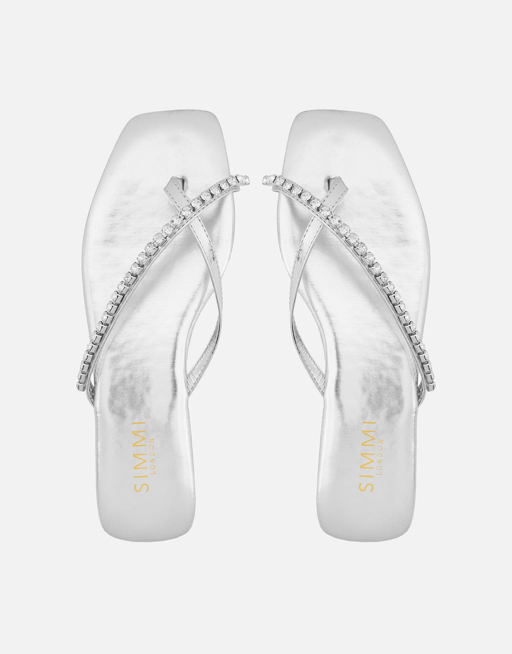 May Silver Mirror Toe Thong Diamante Flat Sandals