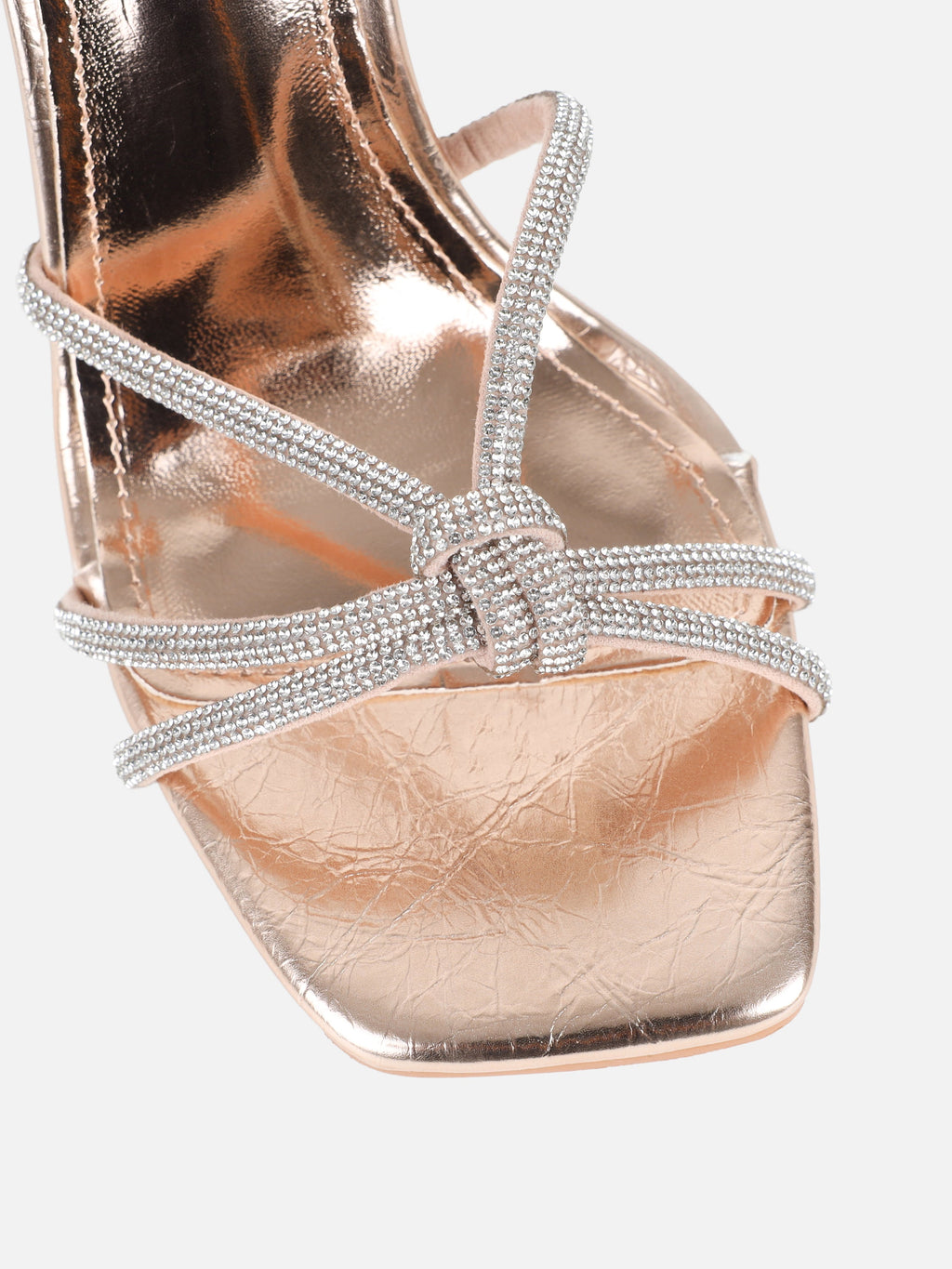 Janeet Rose Gold Metallic Diamante Knot Heeled Sandals