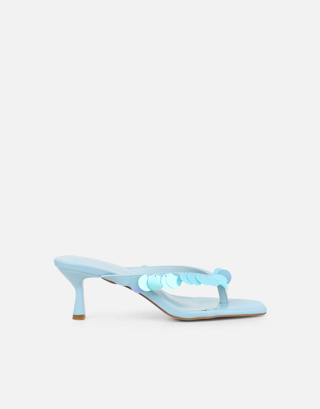 Dixy Blue Sequin Strap Square Toe Heeled Mules