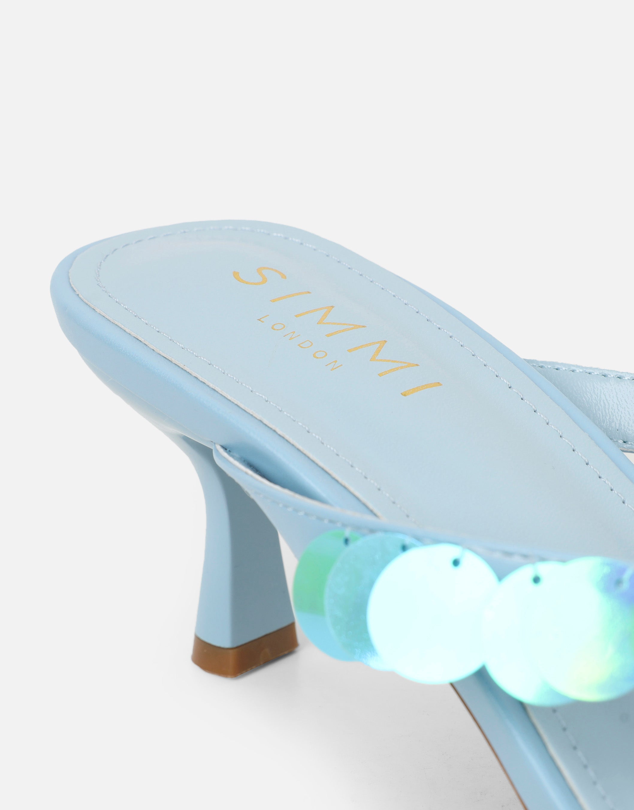 Dixy Blue Sequin Strap Square Toe Heeled Mules