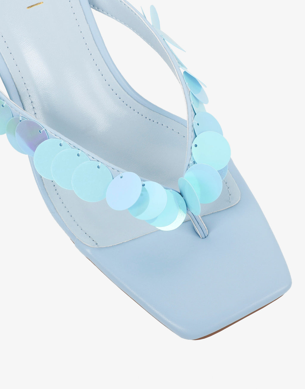 Dixy Blue Sequin Strap Square Toe Heeled Mules
