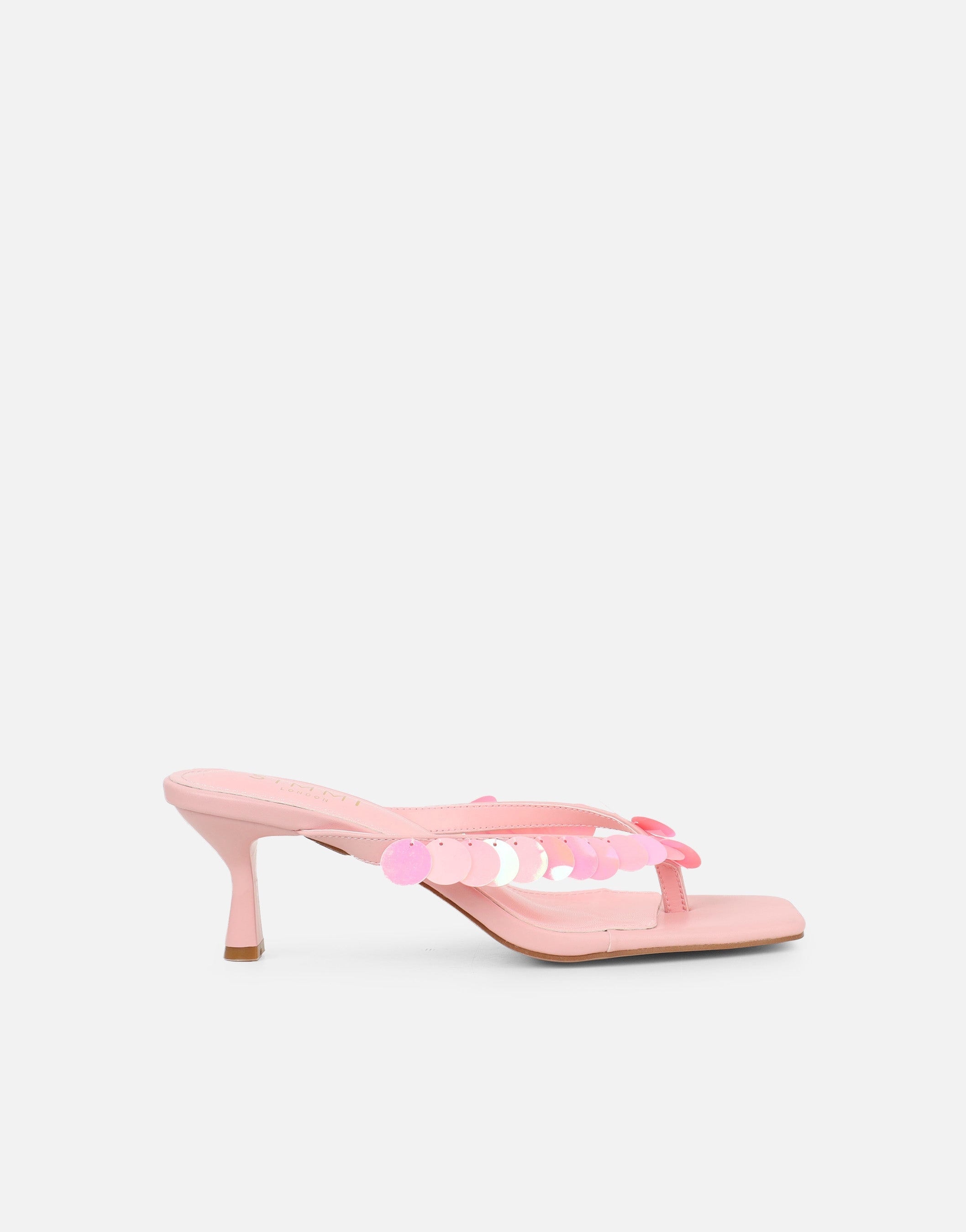 Dixy Pink Sequin Strap Square Toe Heeled Mules