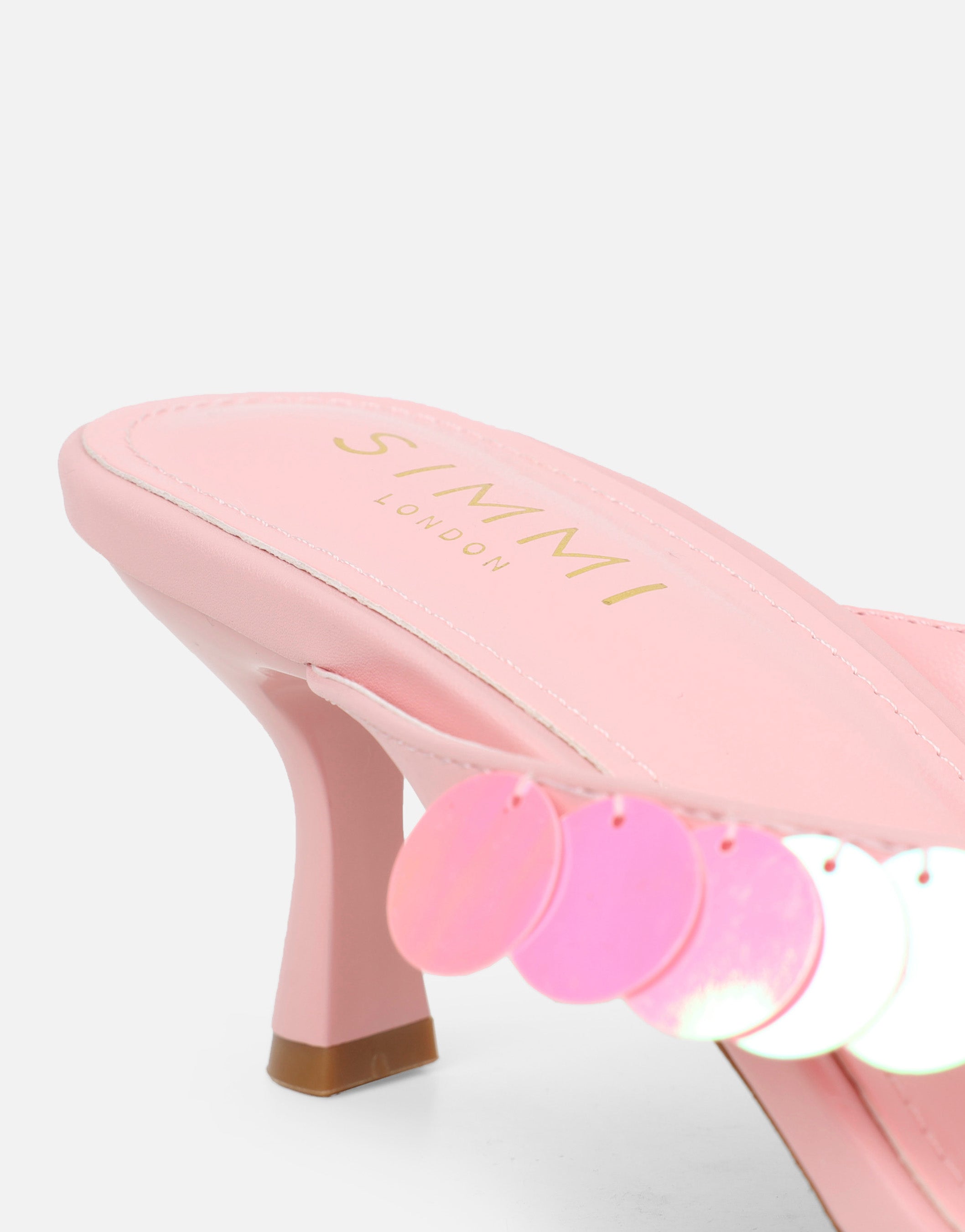 Dixy Pink Sequin Strap Square Toe Heeled Mules