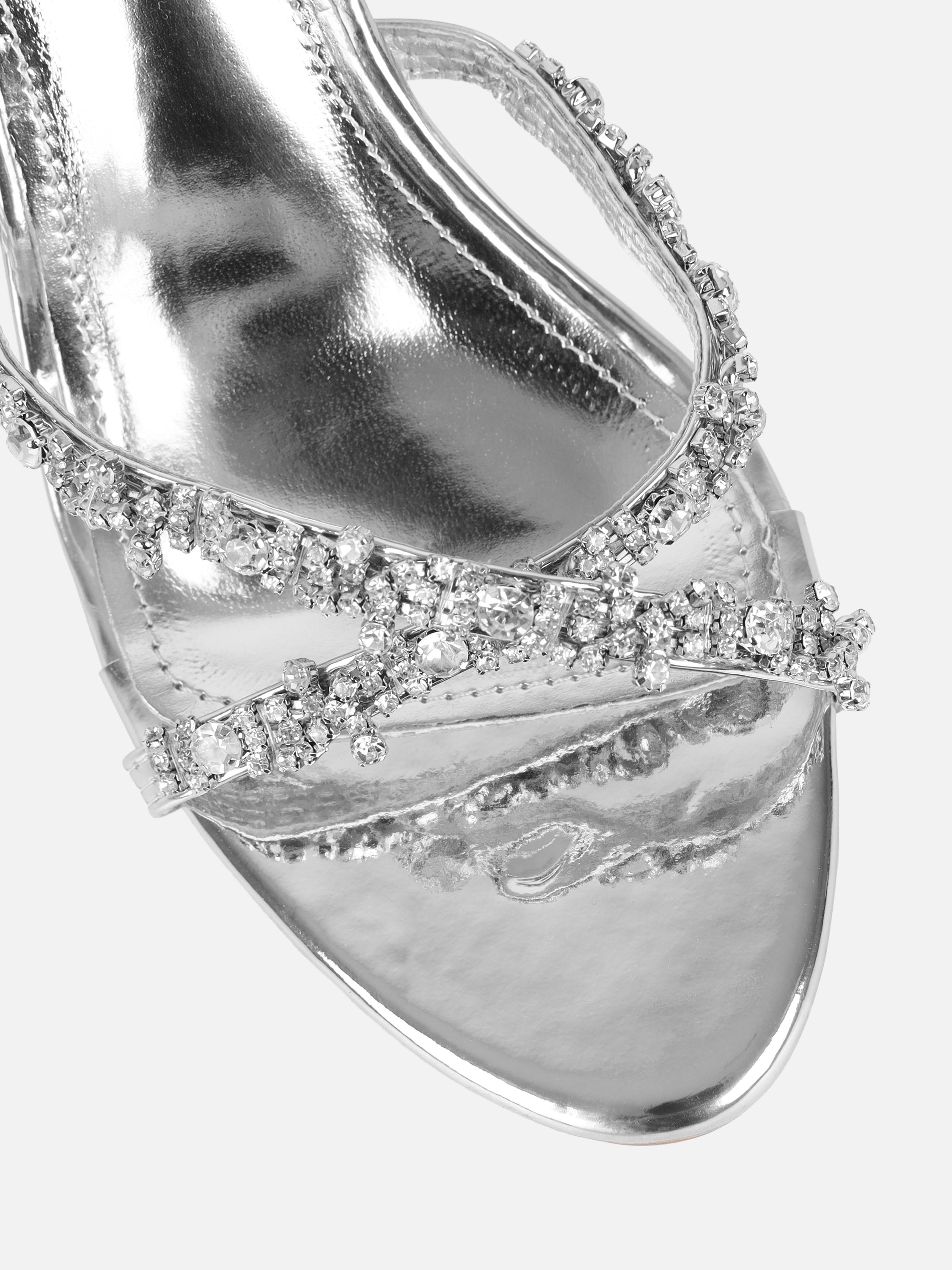 Keely Silver Mirror Diamante Crossover Mules