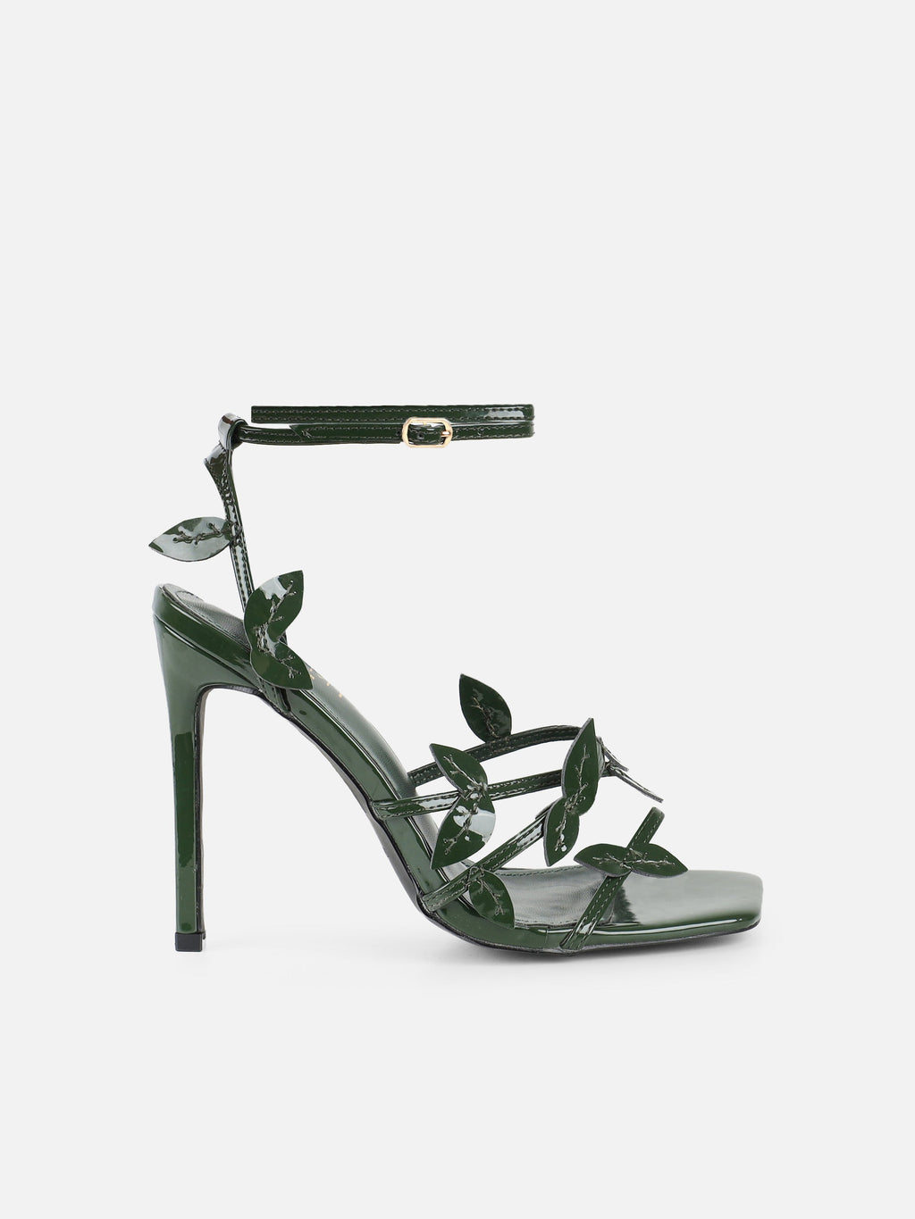 Lesia Forest Green Patent Leaf Detail Heeled Sandals