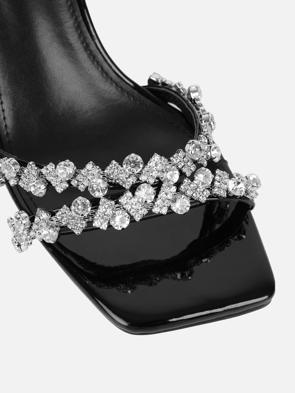 Meave Black Patent Diamante Block Heeled Sandals