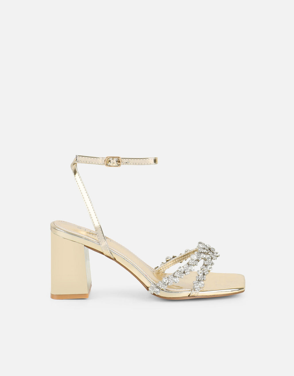Meave Gold Mirror Diamante Block Heeled Sandals