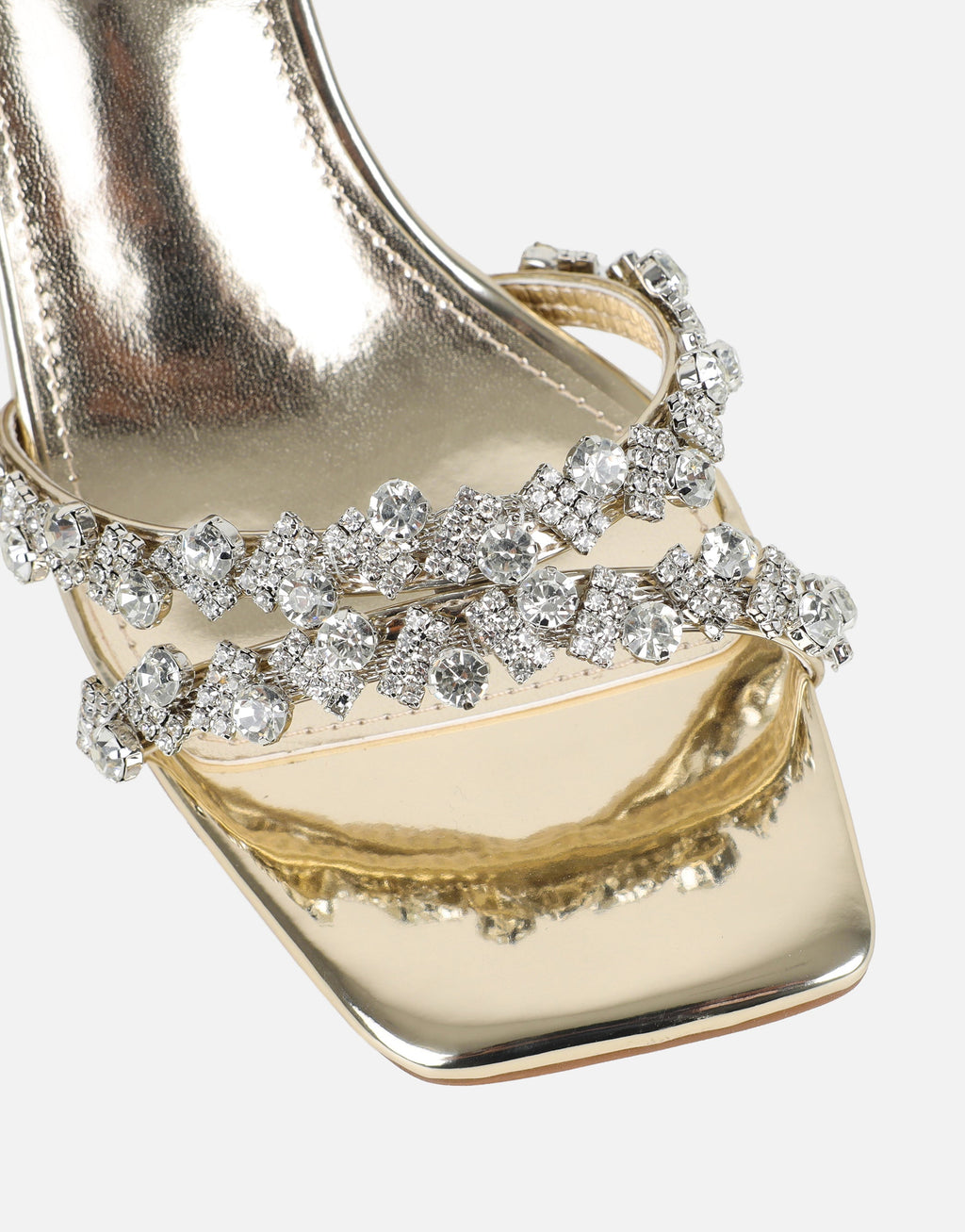 Meave Gold Mirror Diamante Block Heeled Sandals