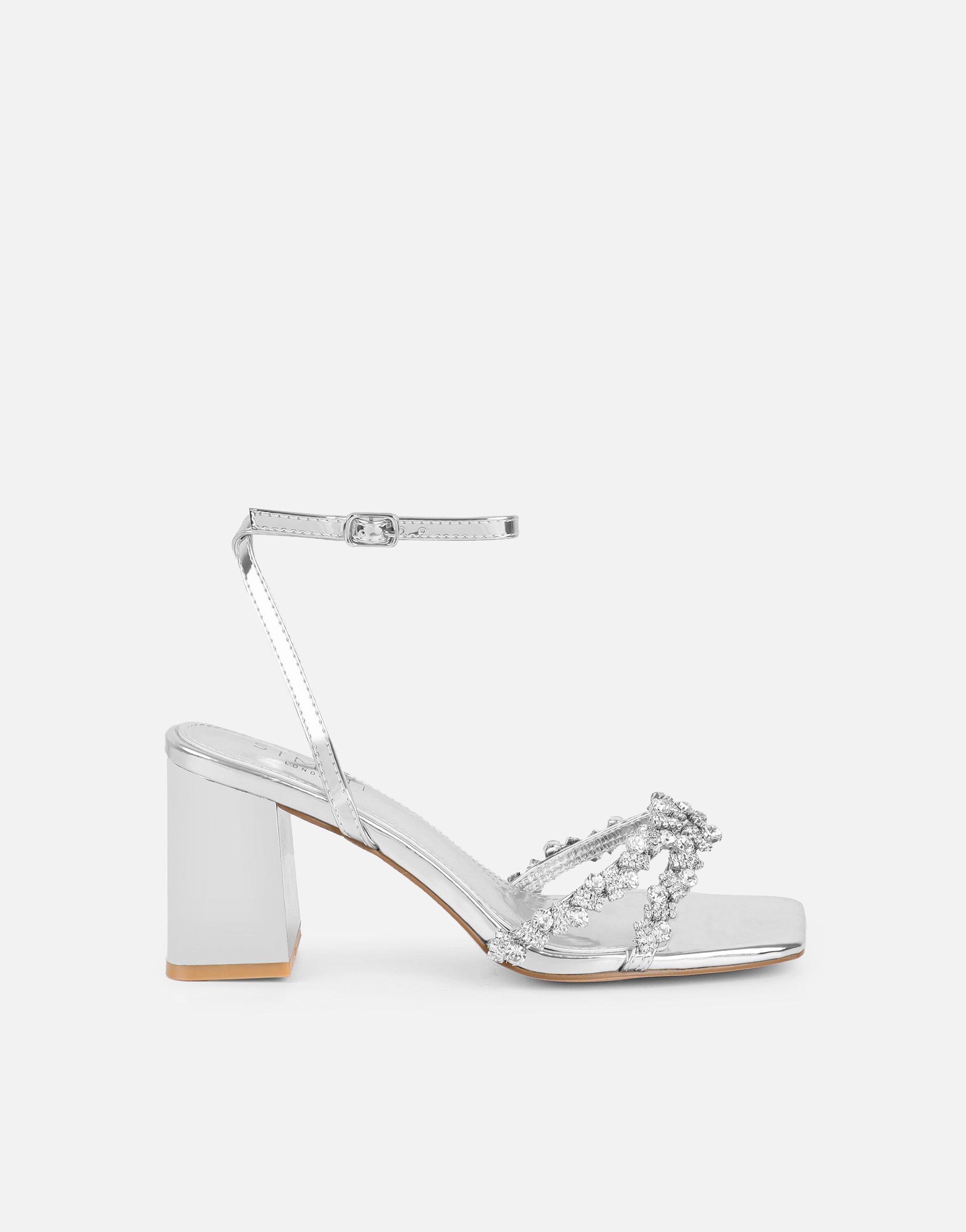 Meave Silver Mirror Diamante Block Heeled Sandals