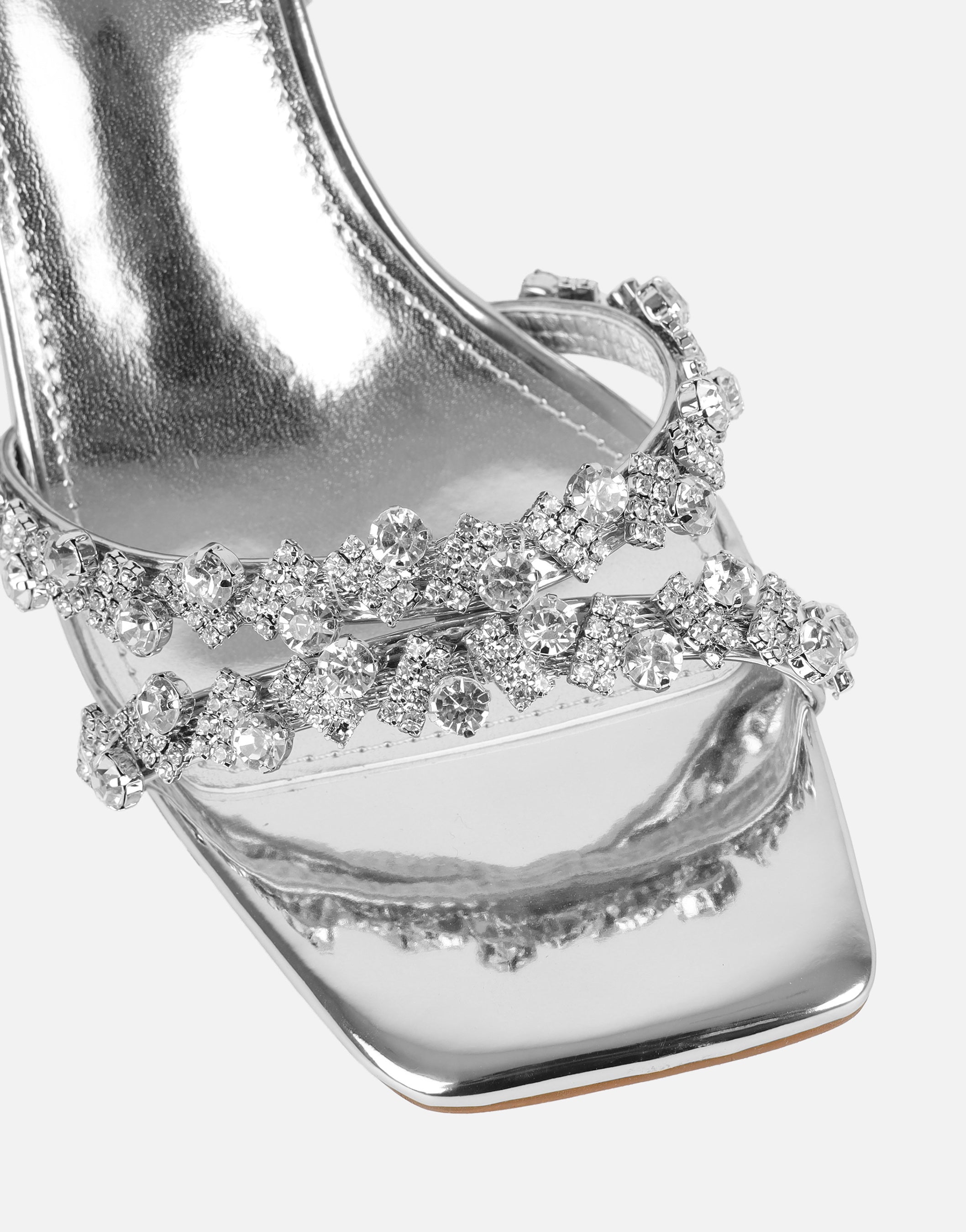 Meave Silver Mirror Diamante Block Heeled Sandals
