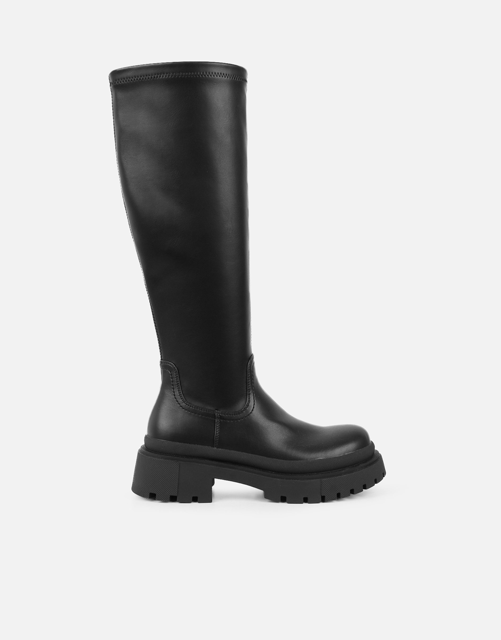 Mon Black Stretch Knee High Chunky Boots