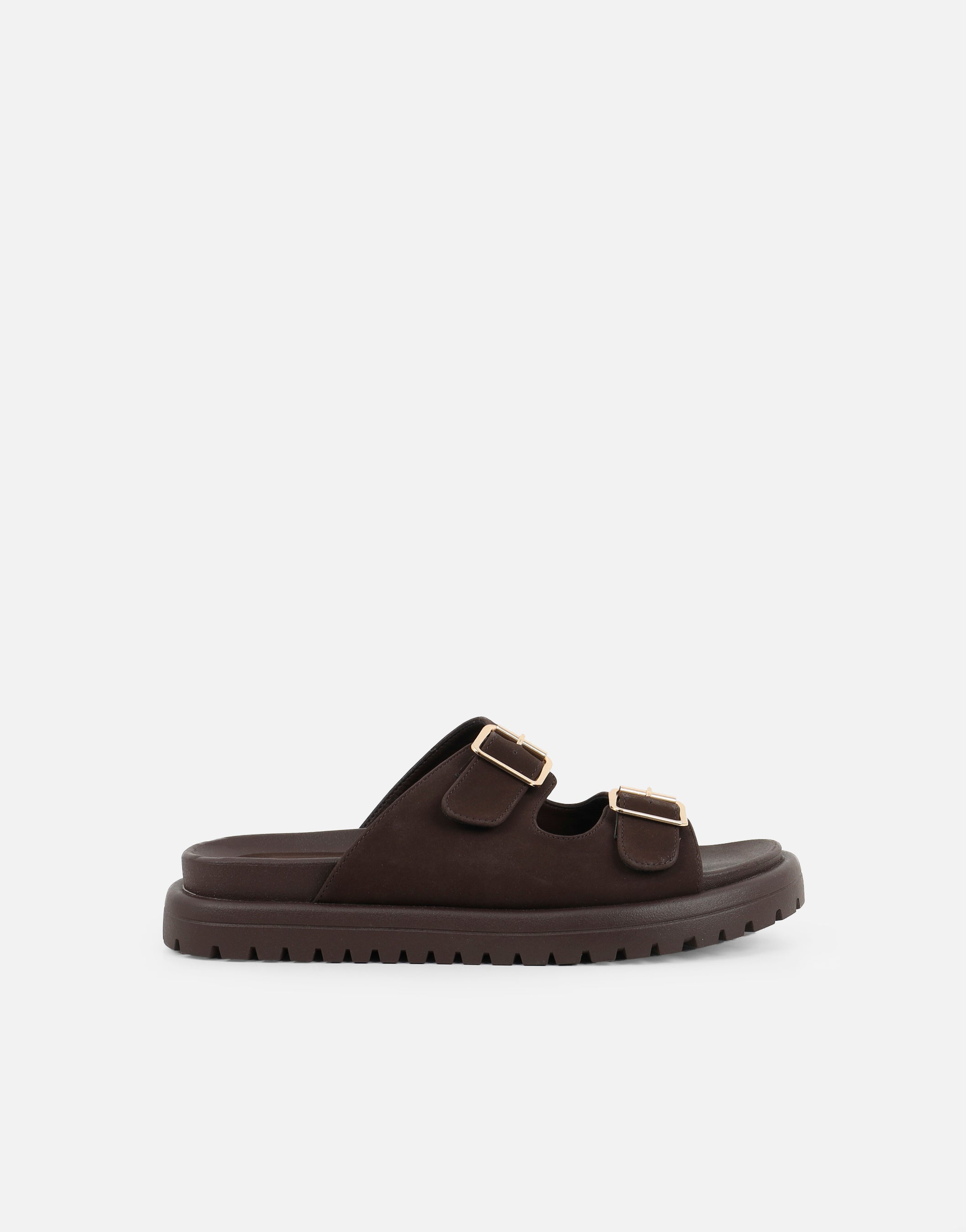 Jesselyn Brown Suede Buckle Chunky Flat Sandals
