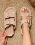 Jesselyn Beige Suede Buckle Chunky Flat Sandals